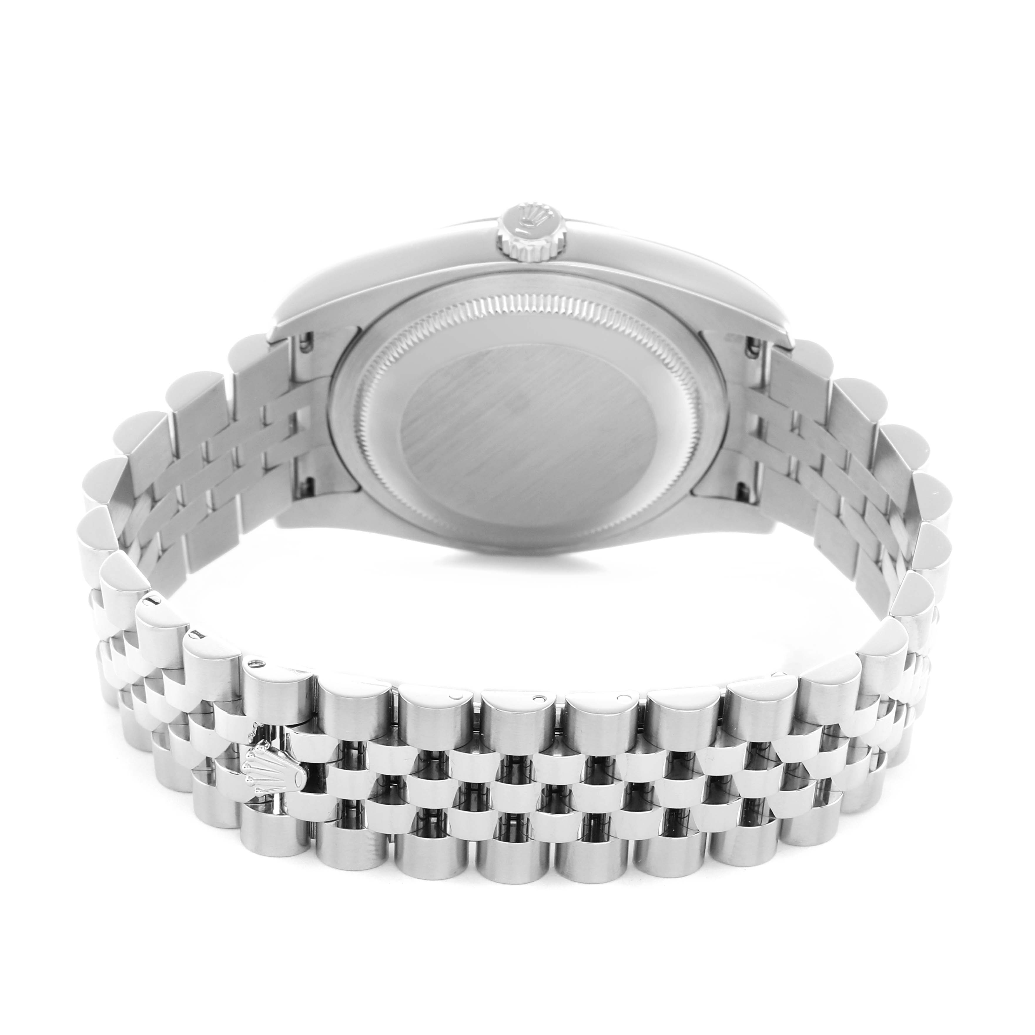 The image shows the back of a Rolex Datejust 16234 Men
s Stainless Steel Black Dial watch, focusing on the case back, crown, and Jubilee bracelet.