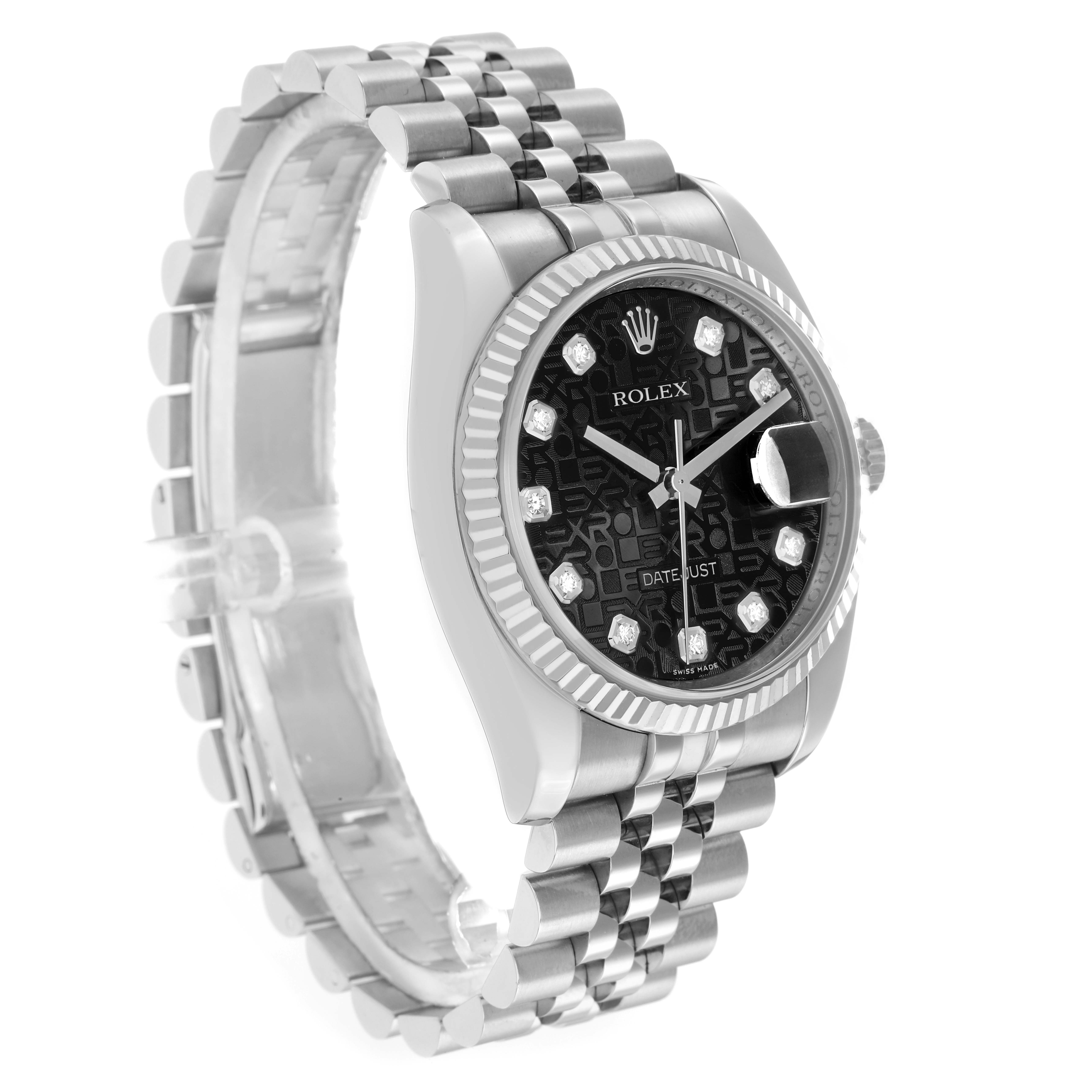 The Rolex Datejust 16234 Men
s Stainless Steel Black Dial watch is shown at an angled side view, highlighting its face, bezel, and Jubilee bracelet.