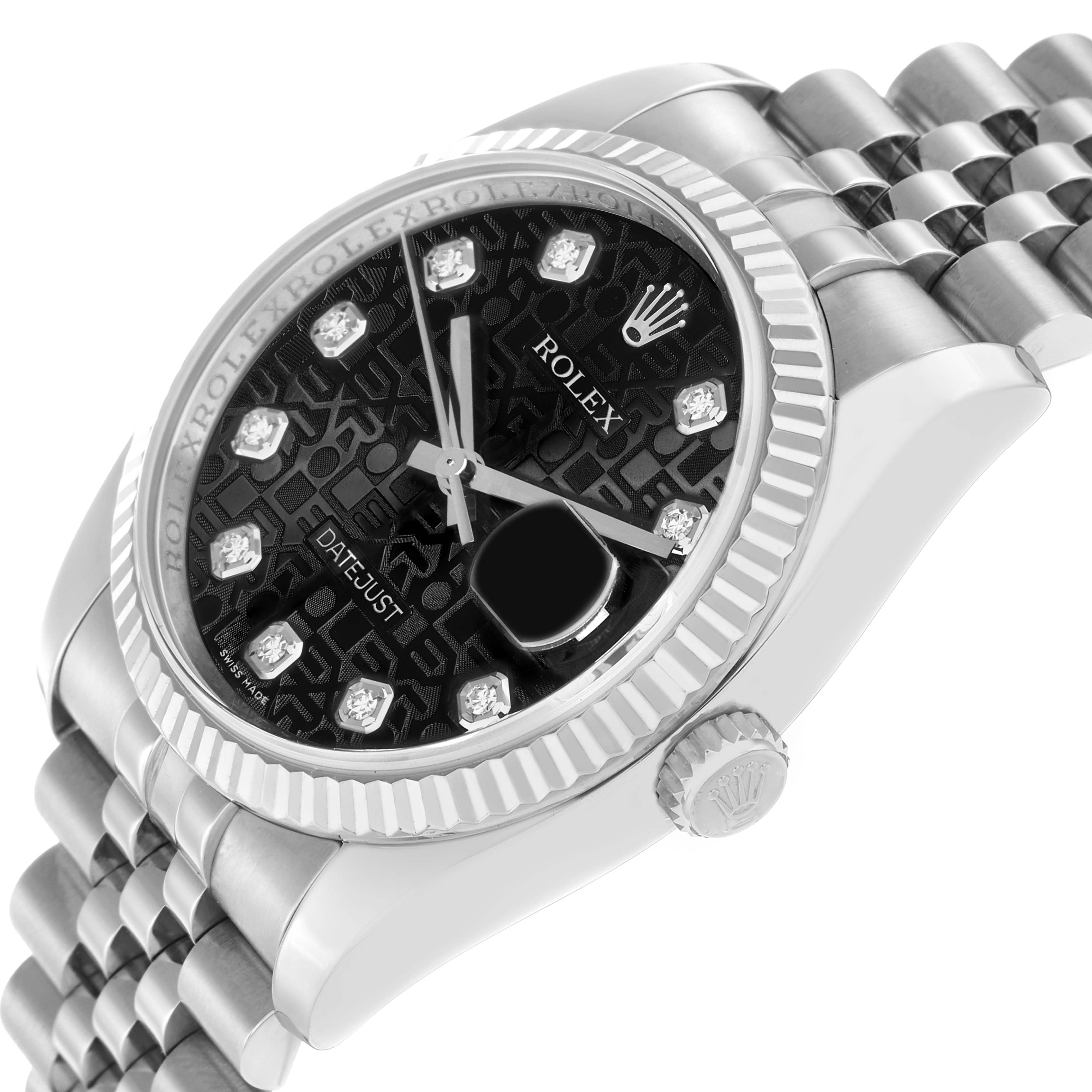 The Rolex Datejust 16234 Men
s Stainless Steel Black Dial is shown at a slight angle, highlighting the black dial, fluted bezel, diamond markers, and Jubilee bracelet.