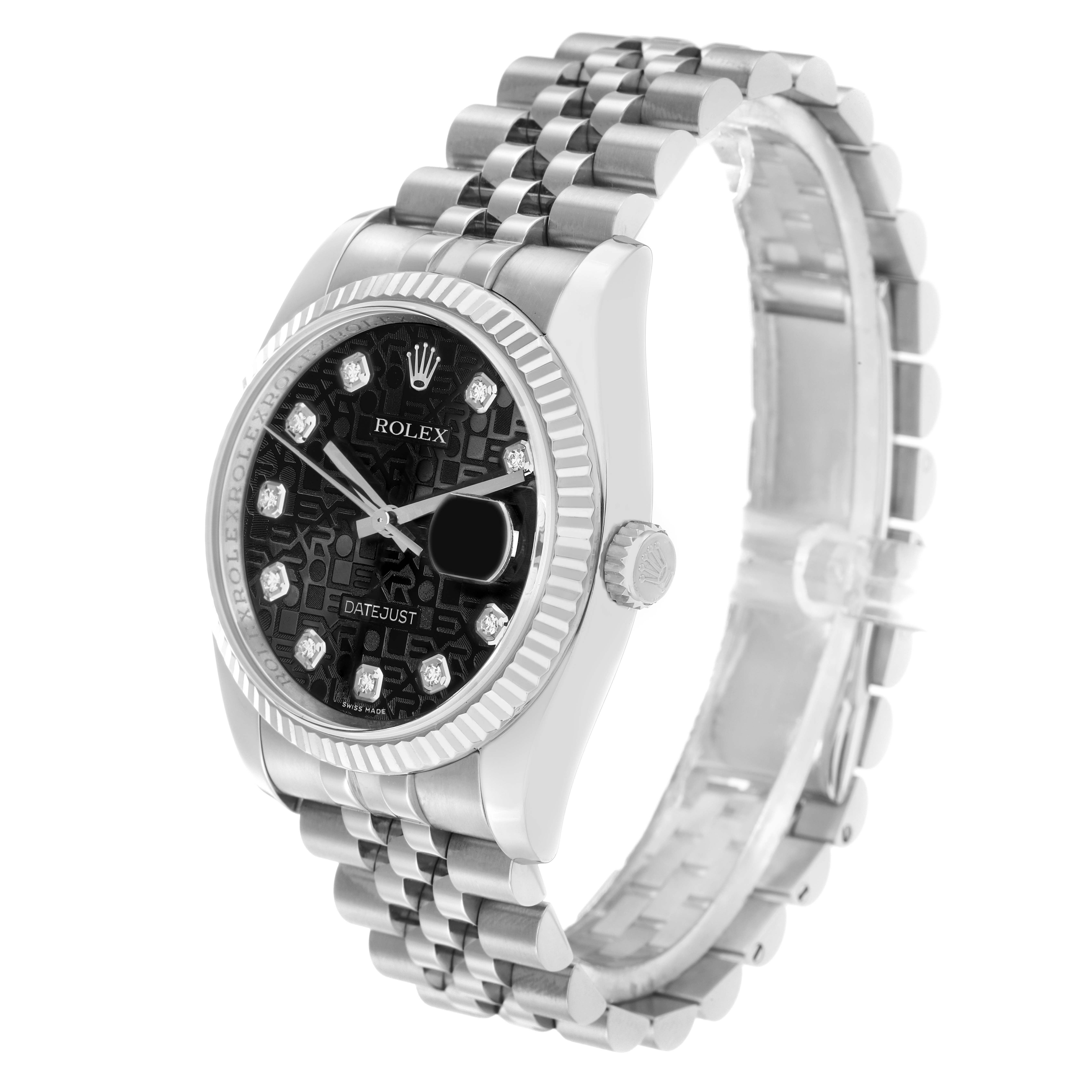 The Rolex Datejust 16234 Men
s Stainless Steel Black Dial watch is shown from an angled side view, highlighting the face, bezel, crown, and part of the bracelet.