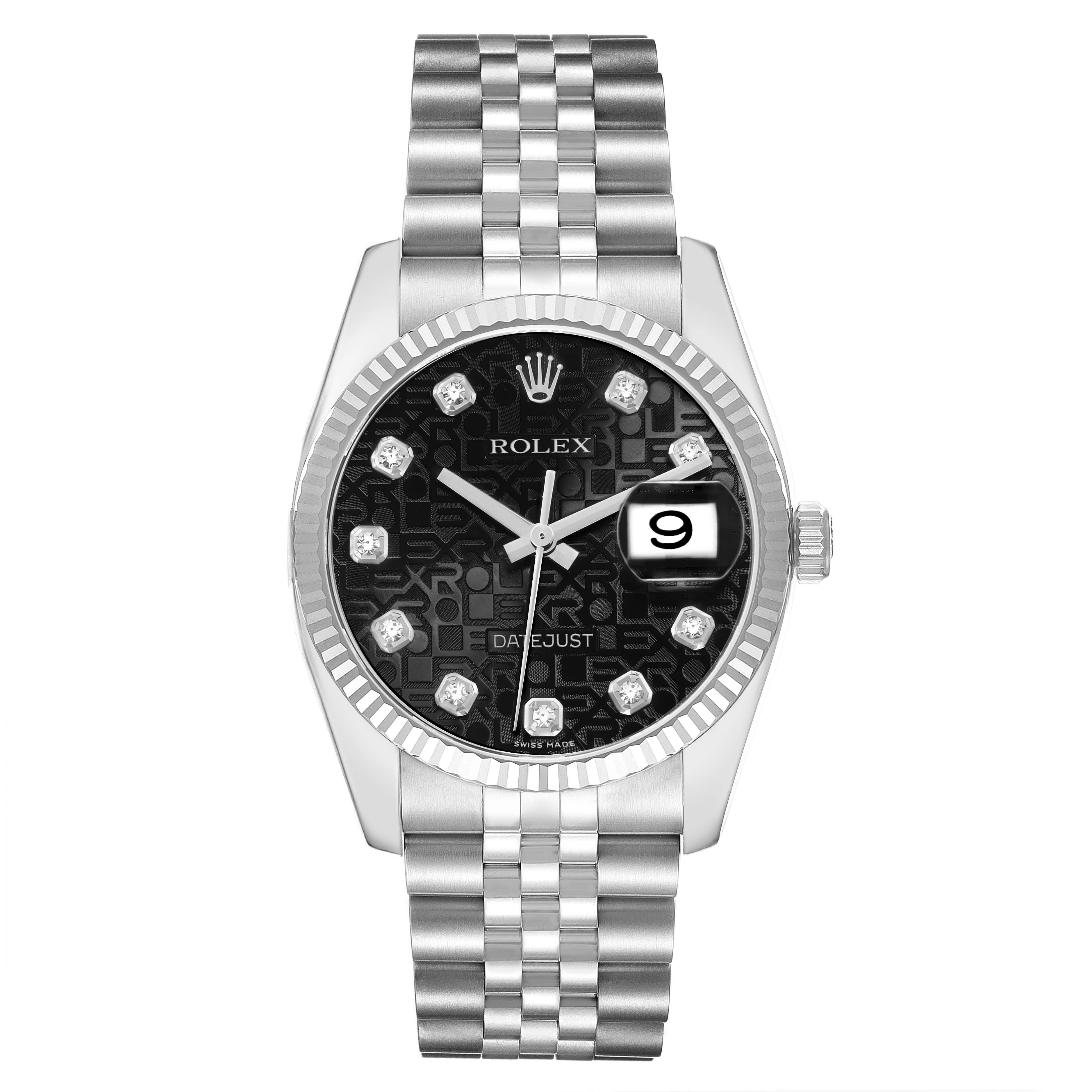 The Rolex Datejust 16234 Men
s Stainless Steel Black Dial watch is shown from a top view, displaying the dial, hands, bracelet, and date window.