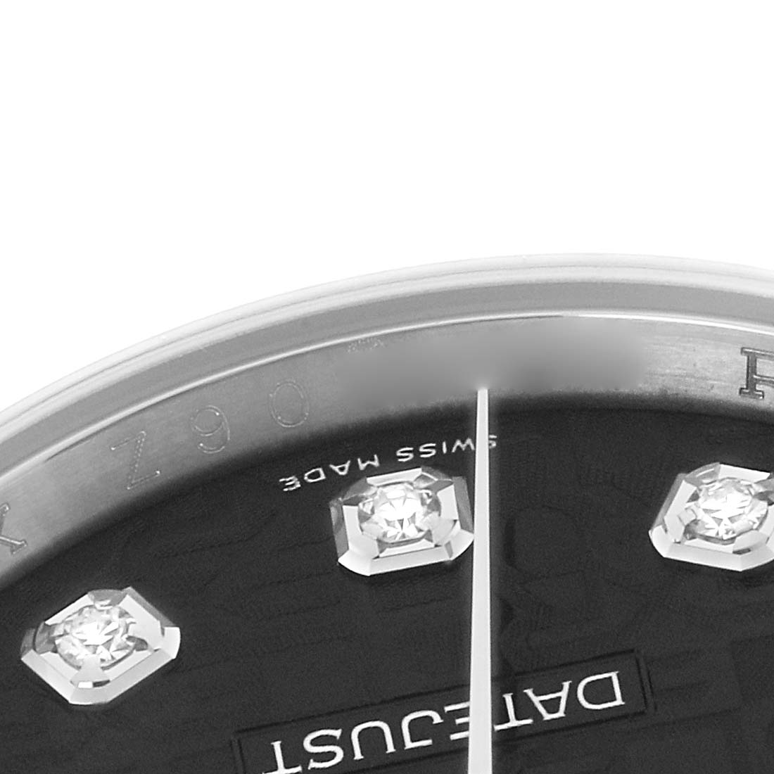 The image shows a close-up of the dial and bezel of a Rolex Datejust 16234 Men
s Stainless Steel Black Dial with gem markers.