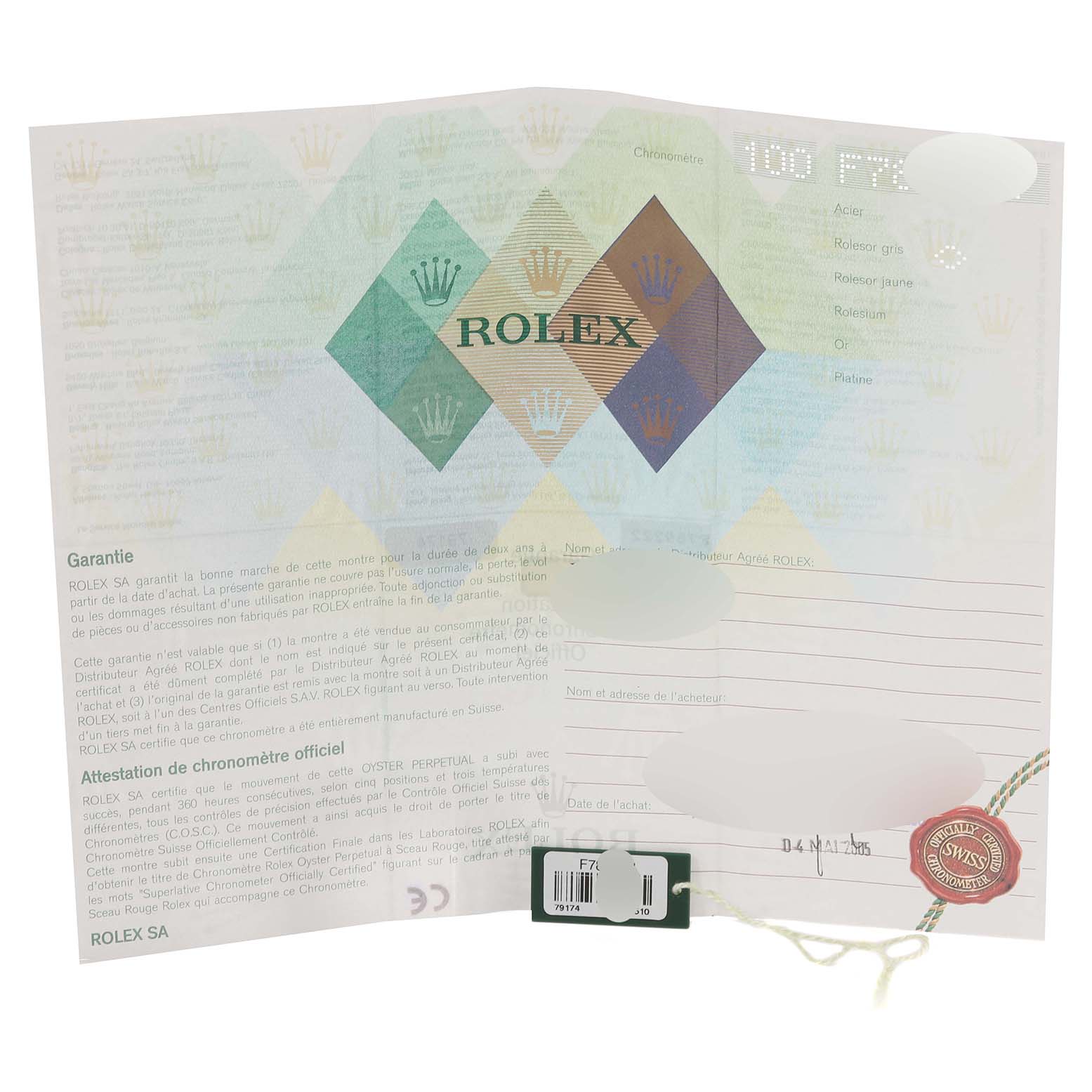 This image shows the guarantee and chronometer certification documents for a Rolex Datejust 79174 Women's Stainless Steel Mother of Pearl Dial 79174 Women's Stainless Steel Mother of Pearl Dial watch.