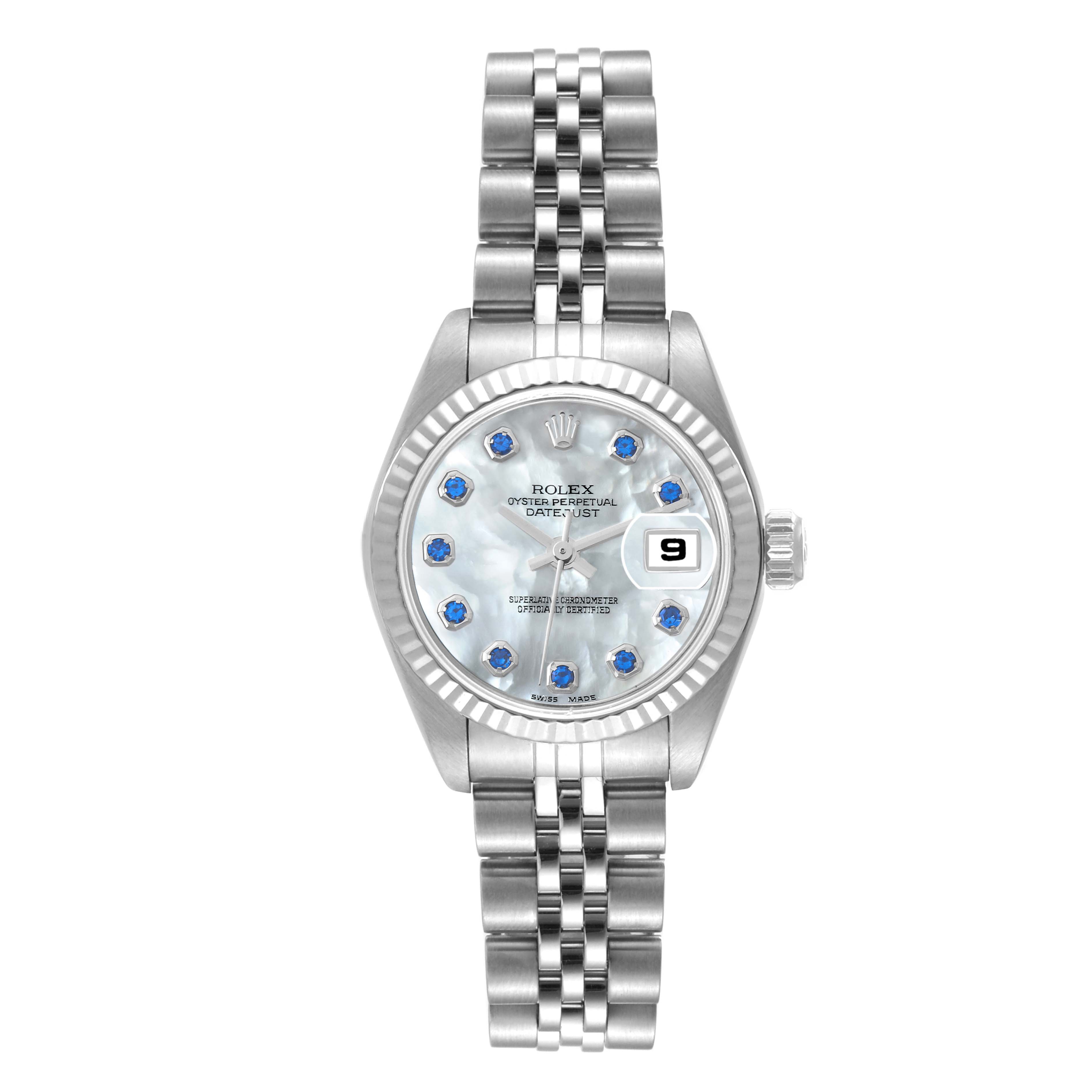 This image shows the front view of a Rolex Datejust 79174 Women's Stainless Steel Mother of Pearl Dial 79174 Women's Stainless Steel Mother of Pearl Dial watch, highlighting the face, bezel, and bracelet.
