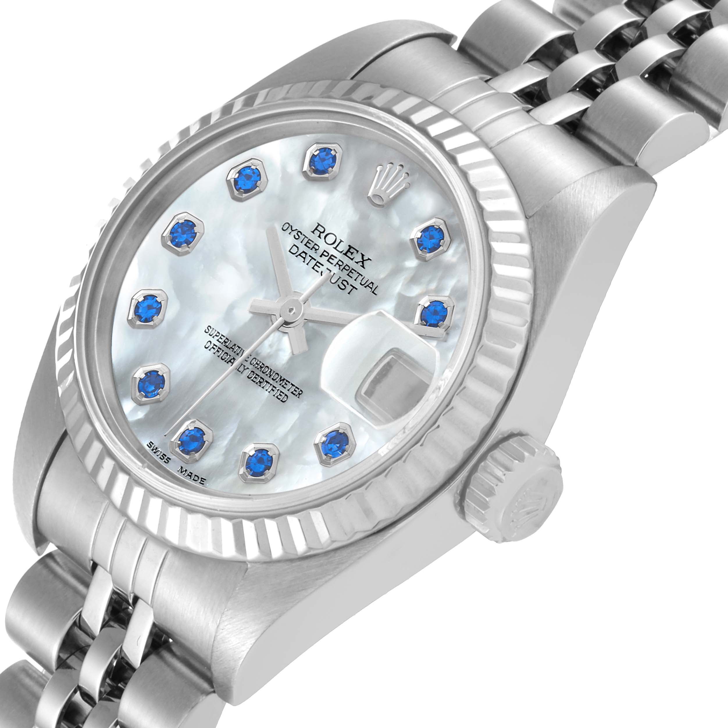 The image shows a close-up angle of a Rolex Datejust 79174 Women's Stainless Steel Mother of Pearl Dial 79174 Women's Stainless Steel Mother of Pearl Dial watch, highlighting the dial, bezel, and bracelet.