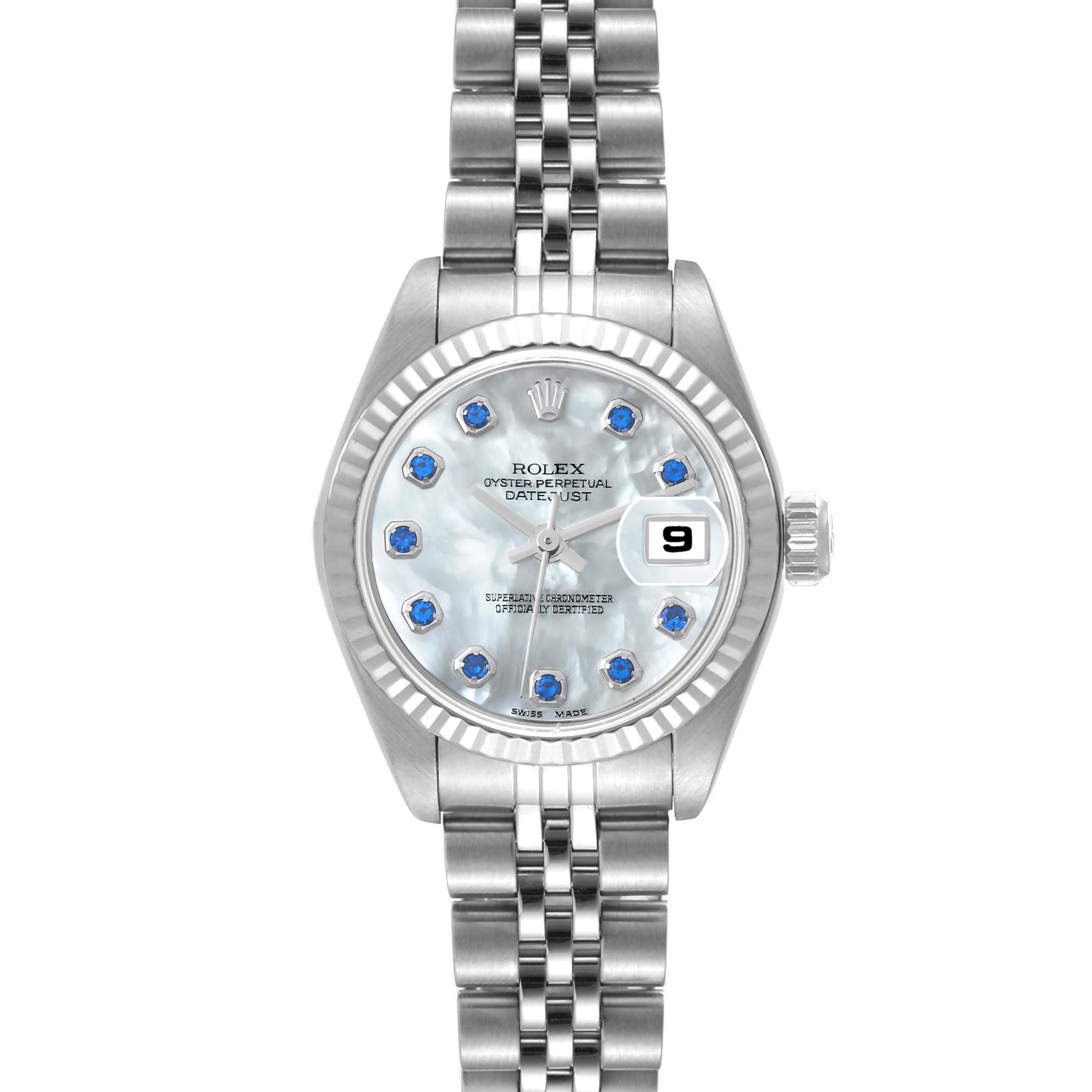 The image shows a head-on view of a Rolex Datejust 79174 Women's Stainless Steel Mother of Pearl Dial 79174 Women's Stainless Steel Mother of Pearl Dial watch, highlighting the dial, bezel, and bracelet.