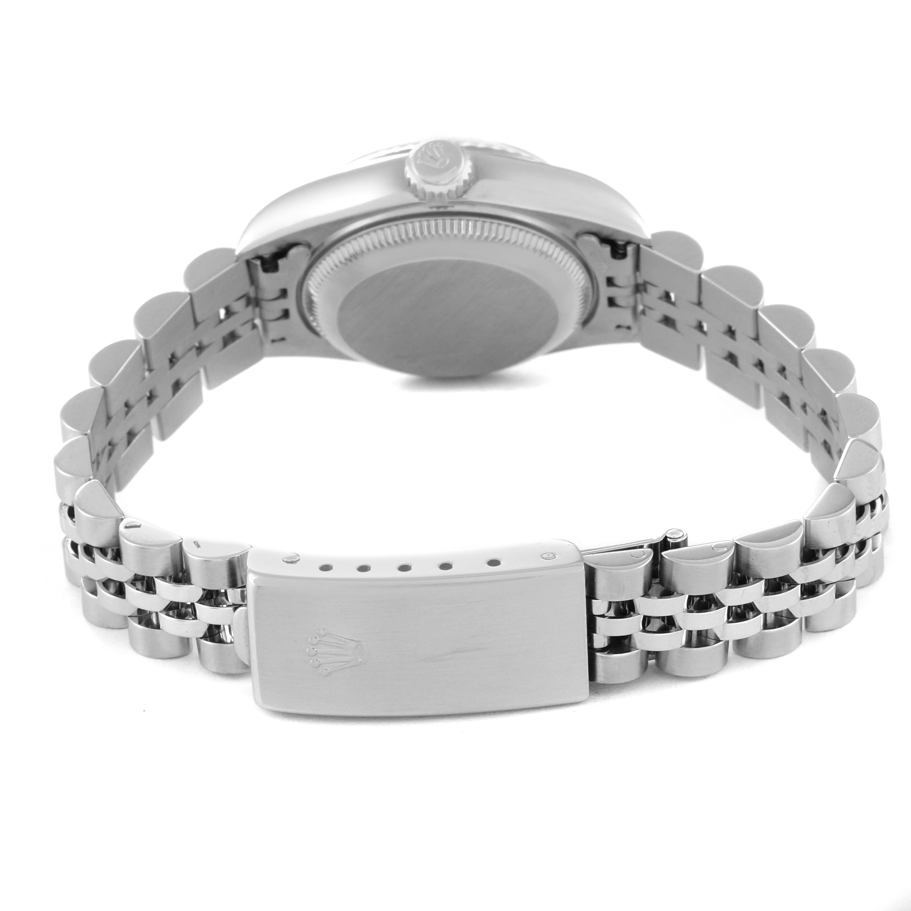 This image shows the backside and clasp of a Rolex Datejust 79174 Women's Stainless Steel Mother of Pearl Dial 79174 Women's Stainless Steel Mother of Pearl Dial watch at eye level.