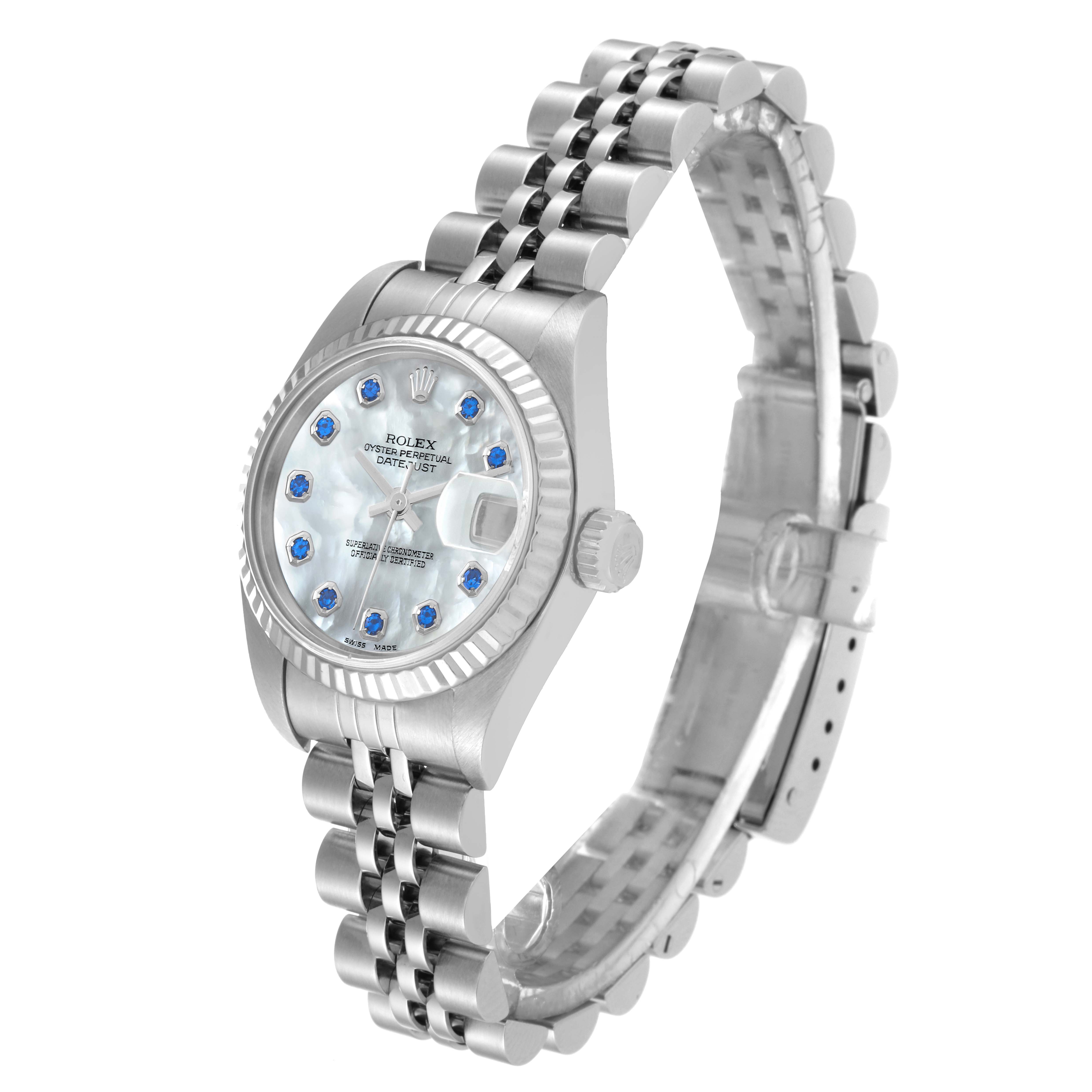 The Rolex Datejust 79174 Women's Stainless Steel Mother of Pearl Dial 79174 Women's Stainless Steel Mother of Pearl Dial watch is shown at an angled view, highlighting the bracelet, case, crown, and dial.