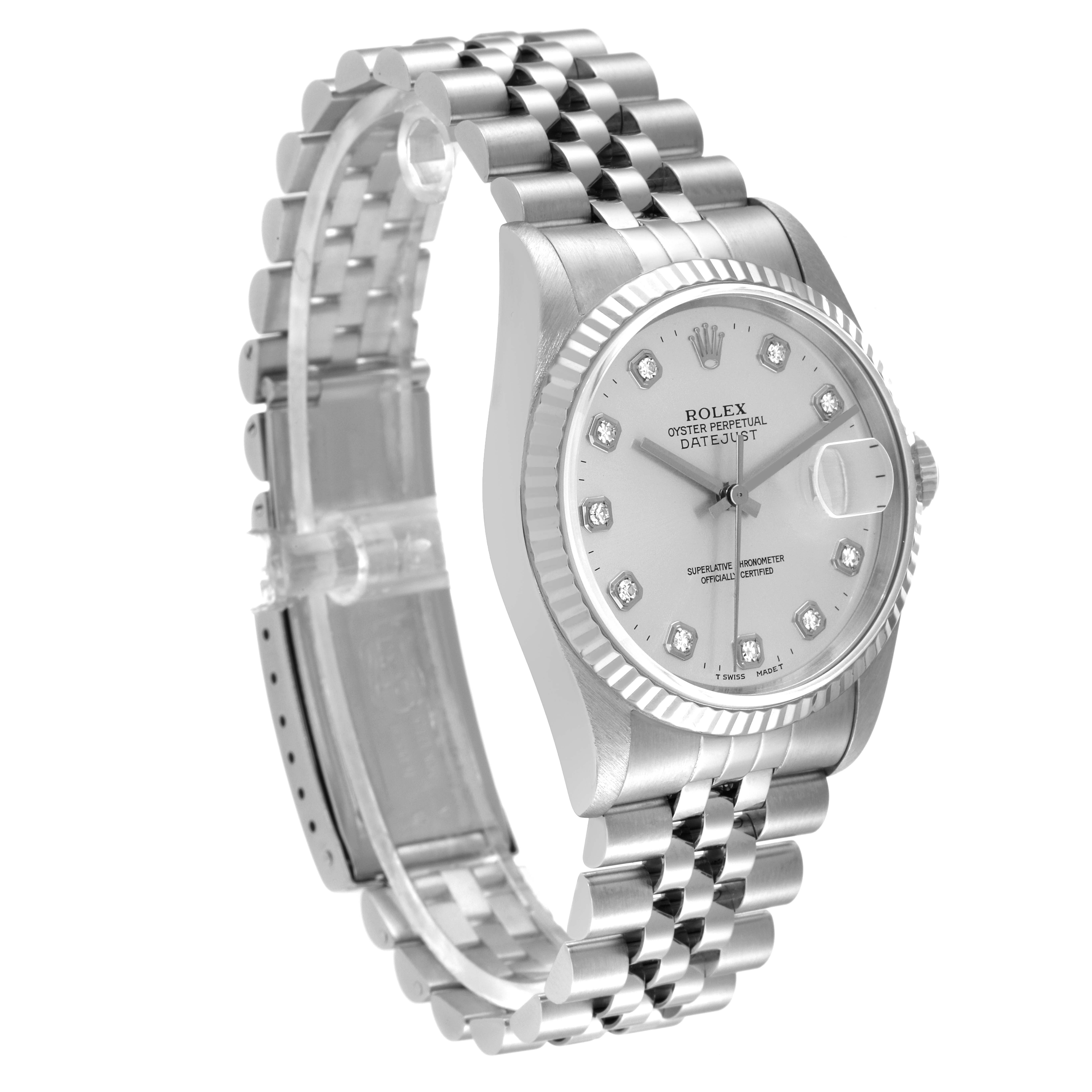 The image shows a side and partial front angle of the Rolex Datejust 16234 Men's Stainless Steel Silver Dial 16234 Men's Stainless Steel Silver Dial watch with a stainless steel bracelet and diamond markers.