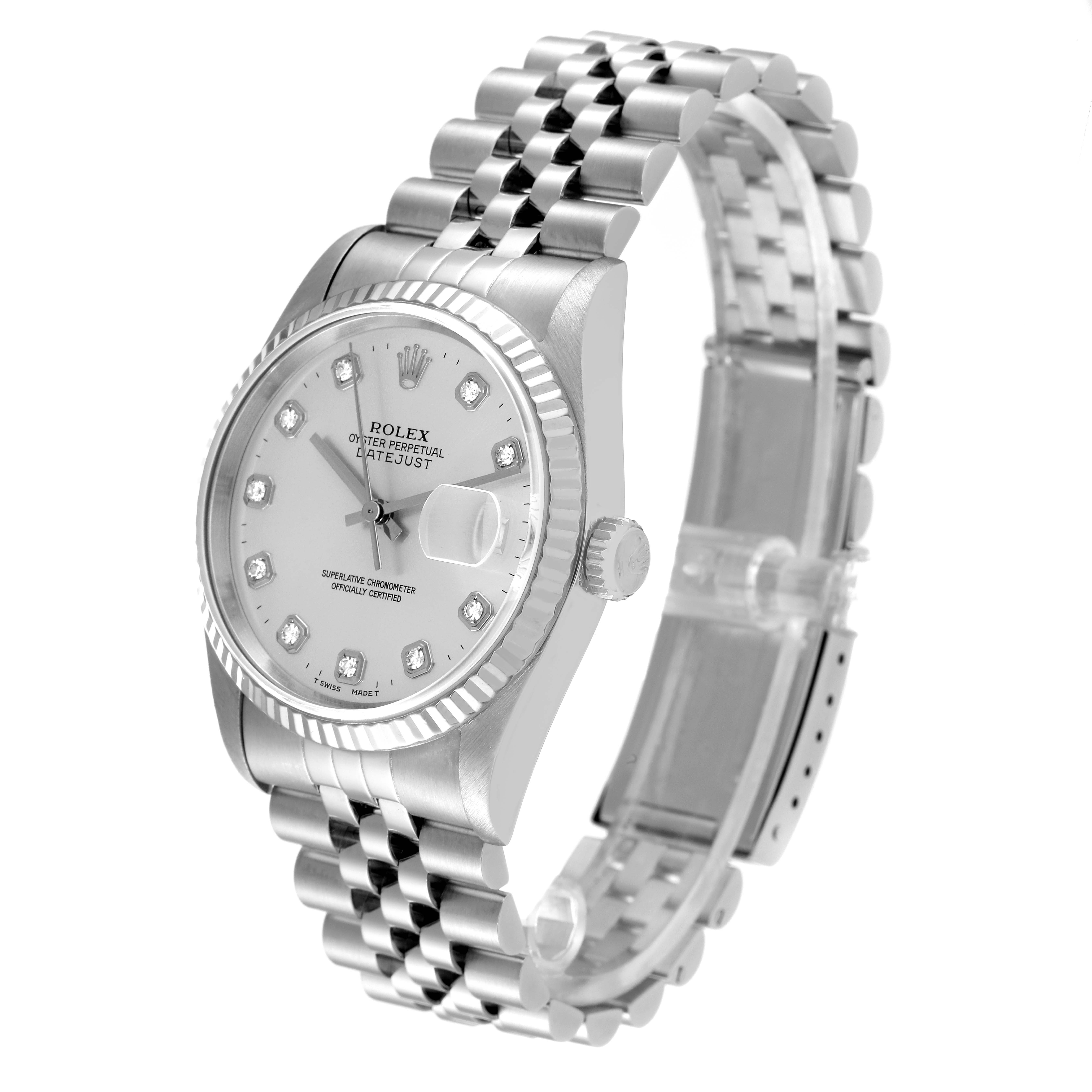 The image shows a side angle of the Rolex Datejust 16234 Men's Stainless Steel Silver Dial 16234 Men's Stainless Steel Silver Dial watch, displaying the face, bezel, crown, and jubilee bracelet.