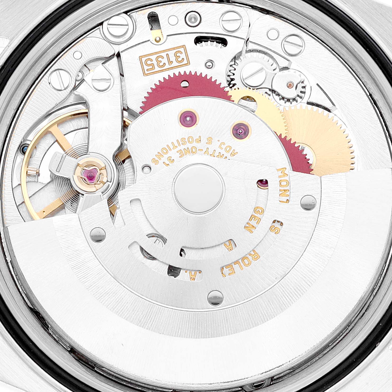 This image shows the inner mechanical movement of the Rolex Datejust 16234 Men's Stainless Steel Silver Dial 16234 Men's Stainless Steel Silver Dial watch, specifically the gears and intricate parts.