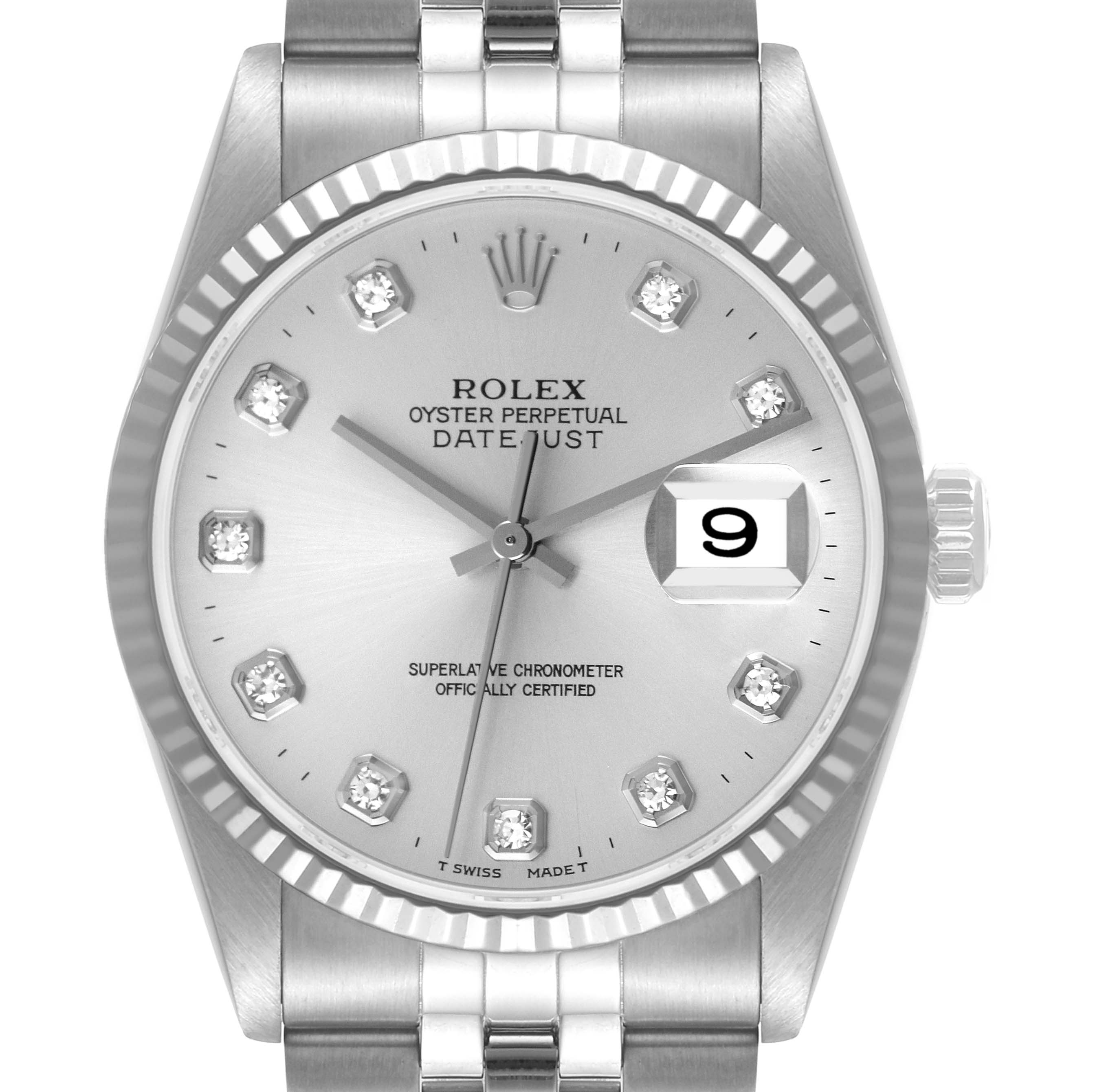 This image shows a front view of the Rolex Datejust 16234 Men's Stainless Steel Silver Dial 16234 Men's Stainless Steel Silver Dial watch, highlighting the face, bezel, and part of the bracelet.