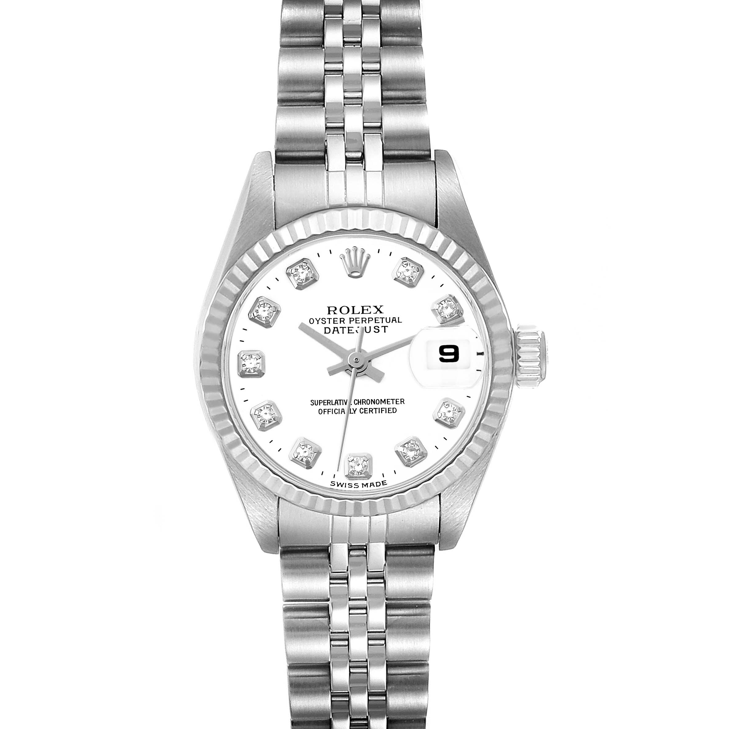 The image shows a front view of the Rolex Datejust 79174 Women's Stainless Steel White Dial 79174 Women's Stainless Steel White Dial watch, detailing the bracelet, bezel, dial, hands, and date window.