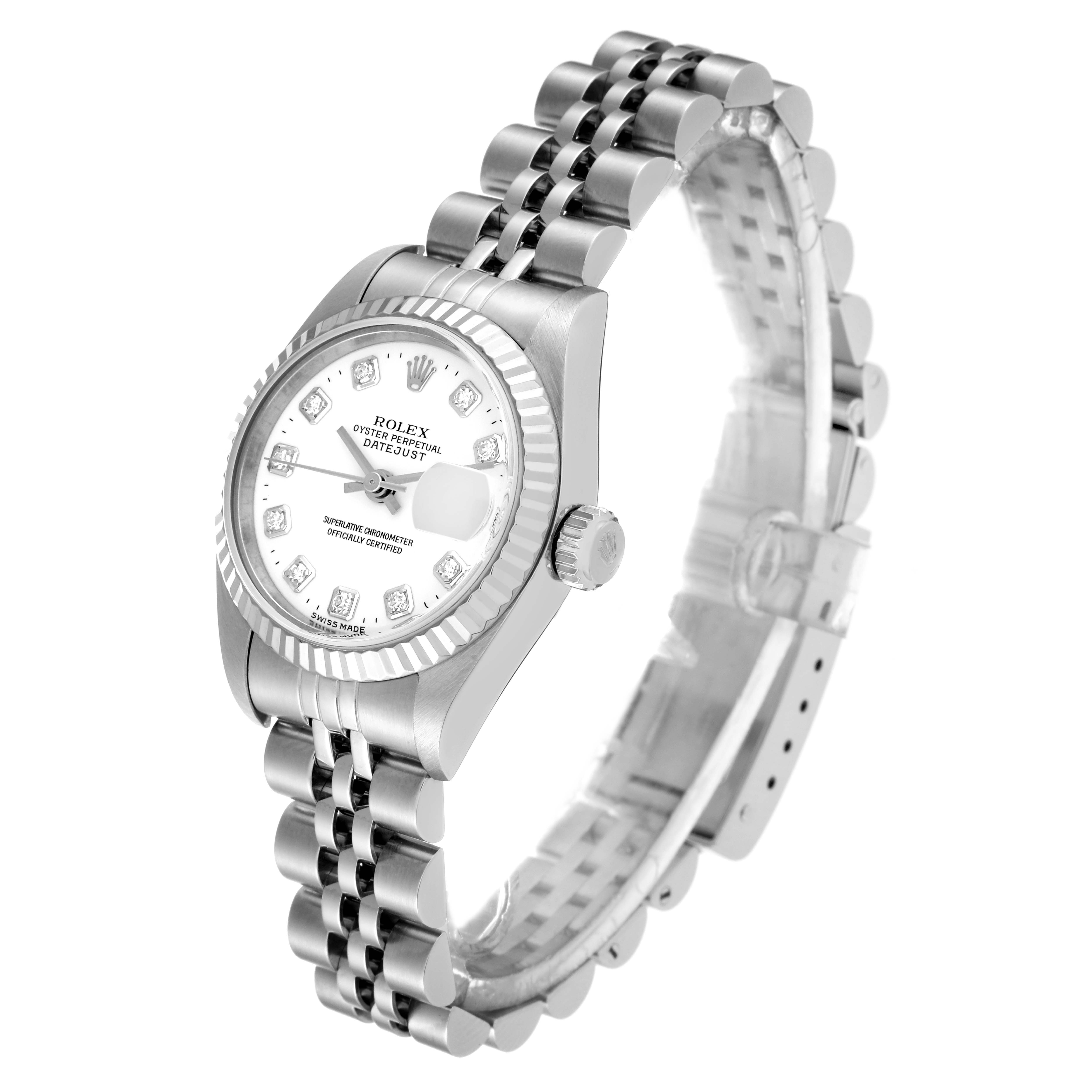 The Rolex Datejust 79174 Women's Stainless Steel White Dial 79174 Women's Stainless Steel White Dial watch is depicted at an angled side view, showing its face, bezel, crown, and jubilee bracelet.