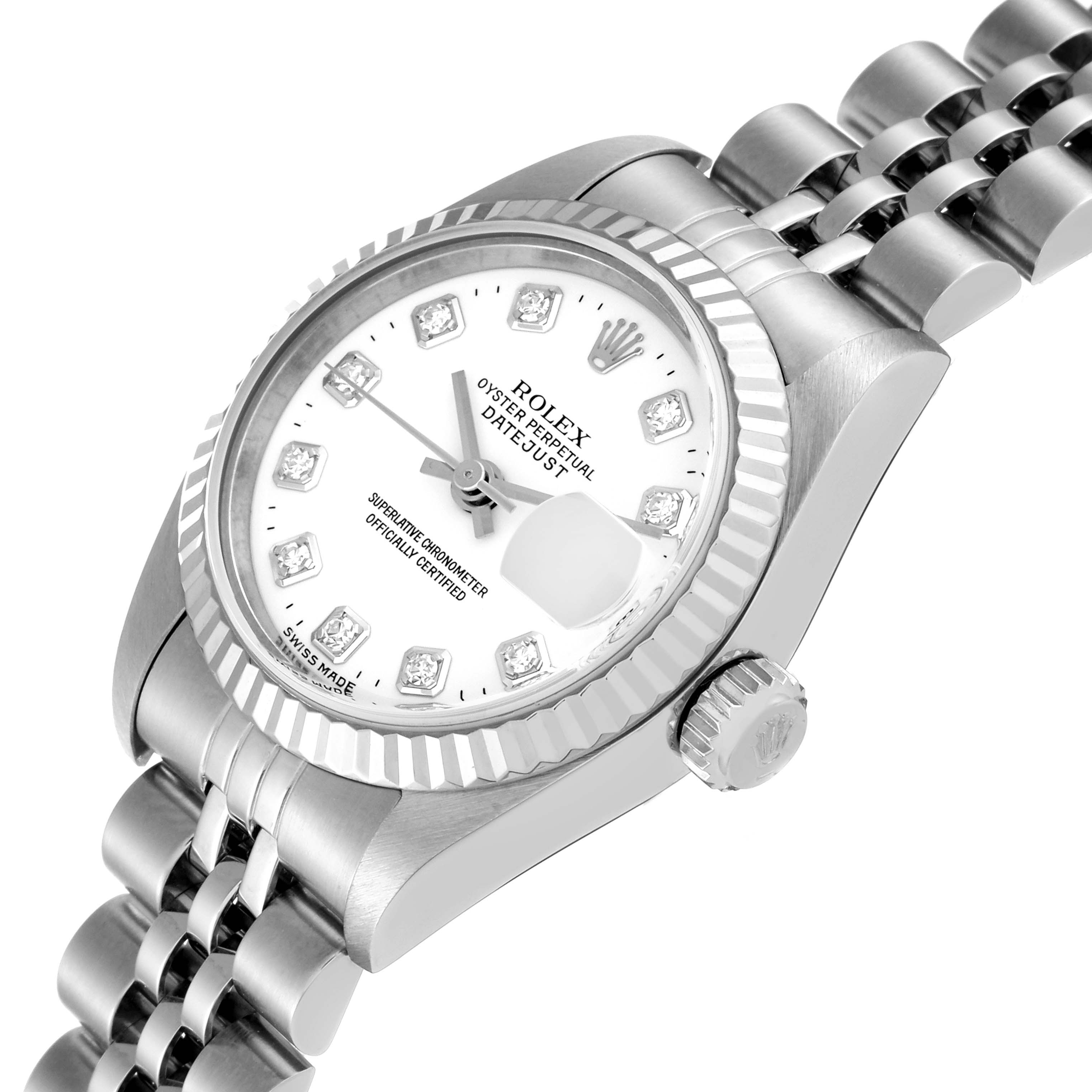 The Rolex Datejust 79174 Women's Stainless Steel White Dial 79174 Women's Stainless Steel White Dial watch is shown at an angled view, highlighting its face, bezel, crown, and part of its bracelet.