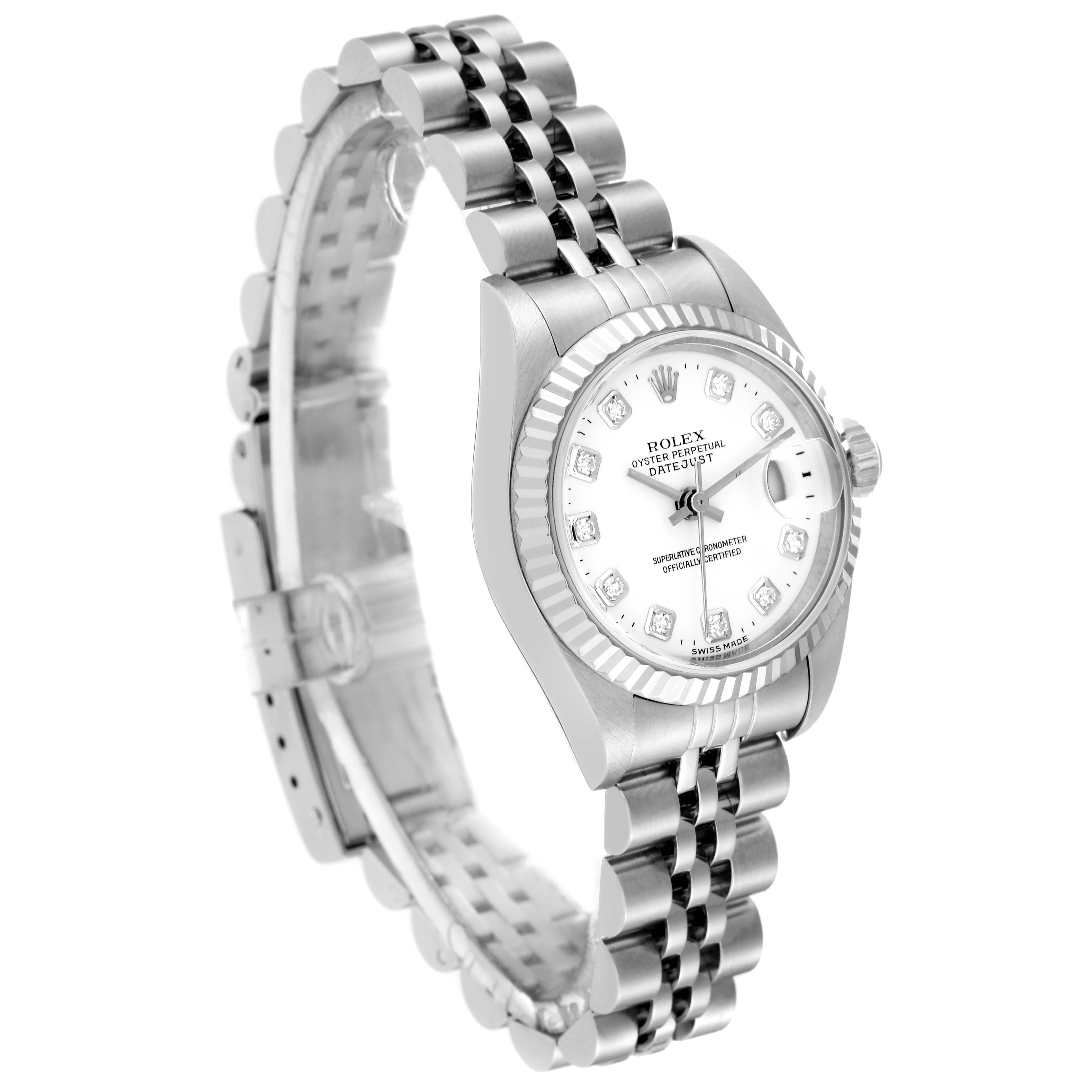 This Rolex Datejust 79174 Women's Stainless Steel White Dial 79174 Women's Stainless Steel White Dial watch is shown at a three-quarter angle, highlighting its face, dial, and Jubilee bracelet.