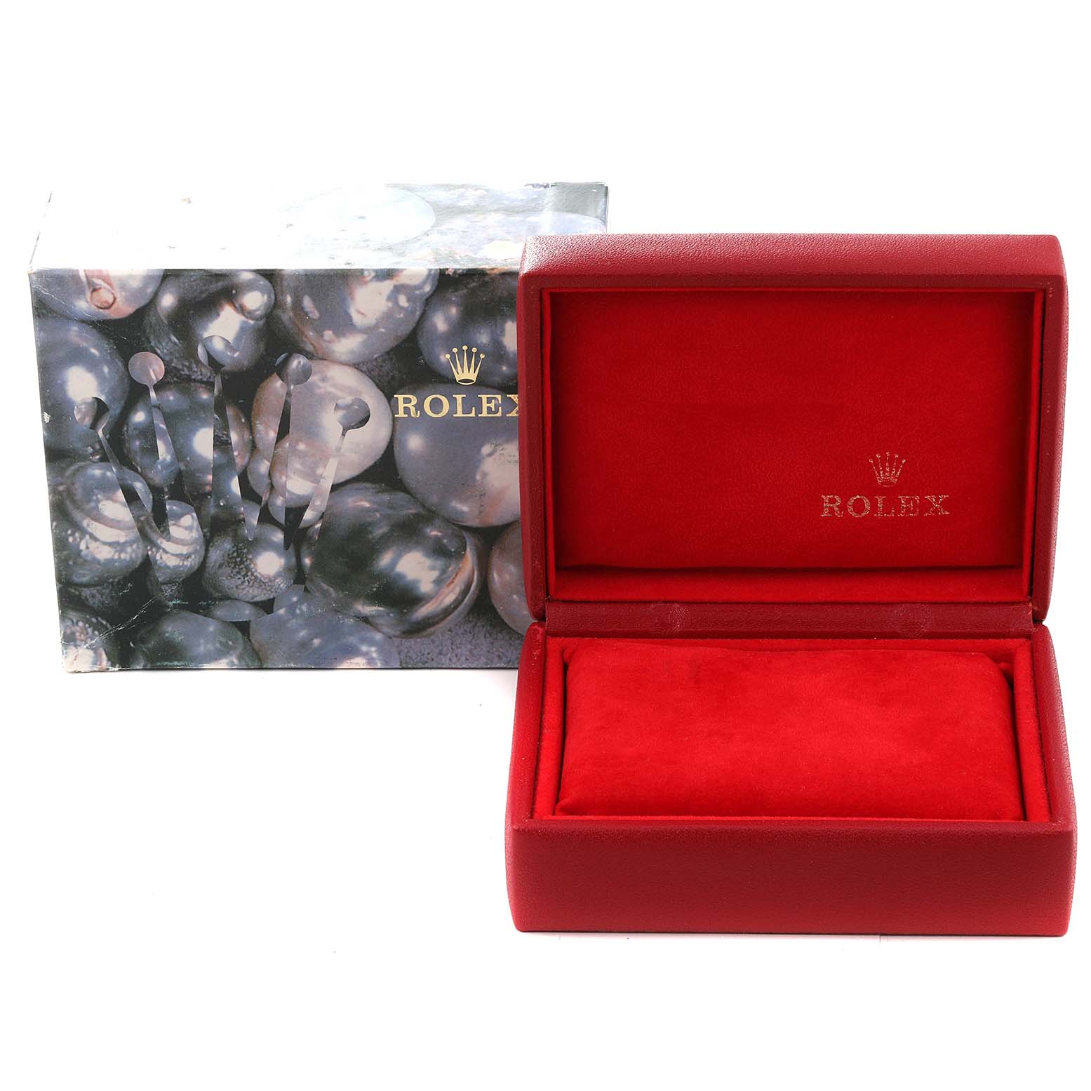The image shows an open red Rolex Datejust 79174 Women's Stainless Steel White Dial 79174 Women's Stainless Steel White Dial watch box and its outer decorative packaging.