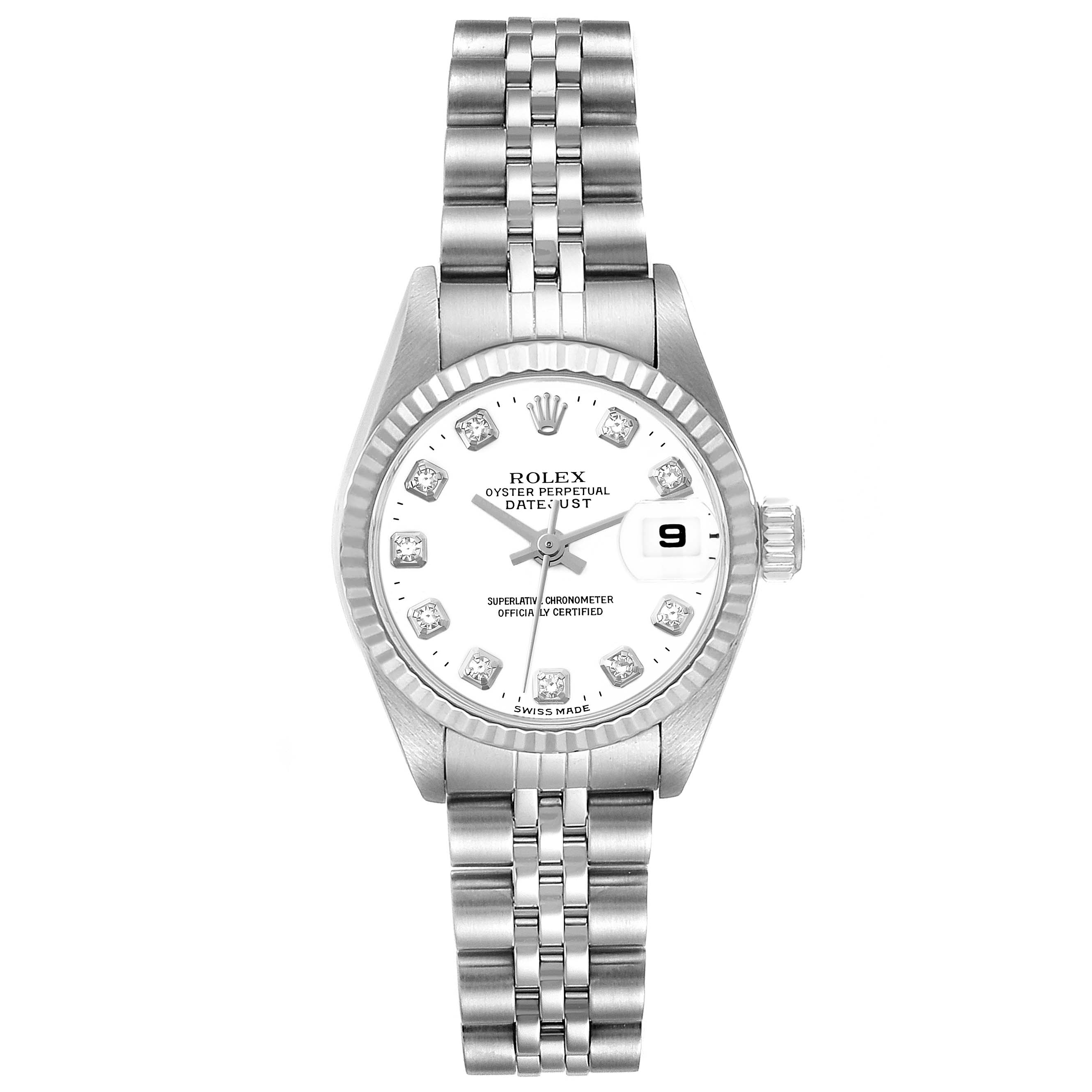 This image shows a Rolex Datejust 79174 Women's Stainless Steel White Dial 79174 Women's Stainless Steel White Dial watch from a front angle, displaying the dial, bezel, bracelet, and crown.