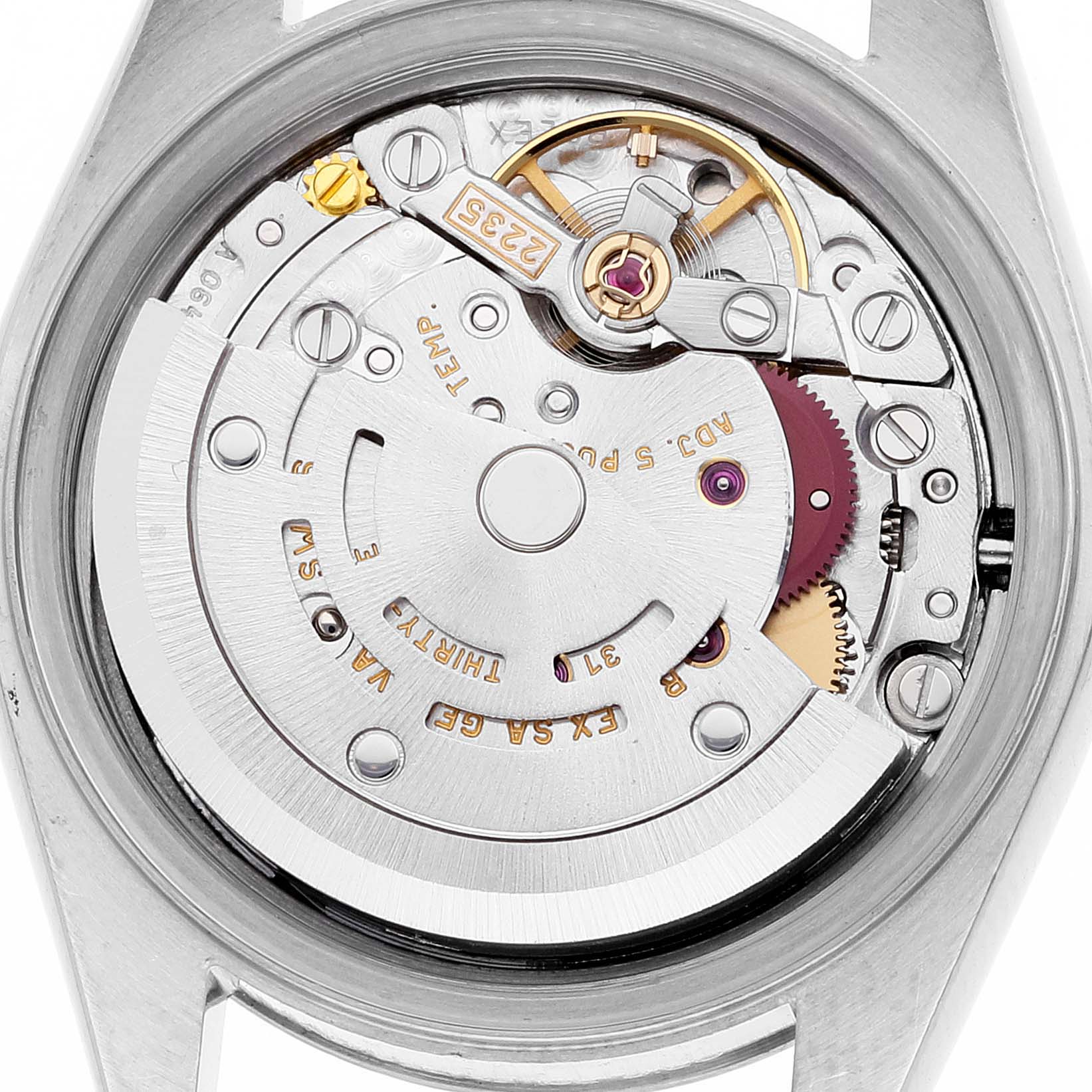The image shows a close-up of the movement and intricate internal mechanism of a Rolex Datejust 79174 Women's Stainless Steel White Dial 79174 Women's Stainless Steel White Dial watch.