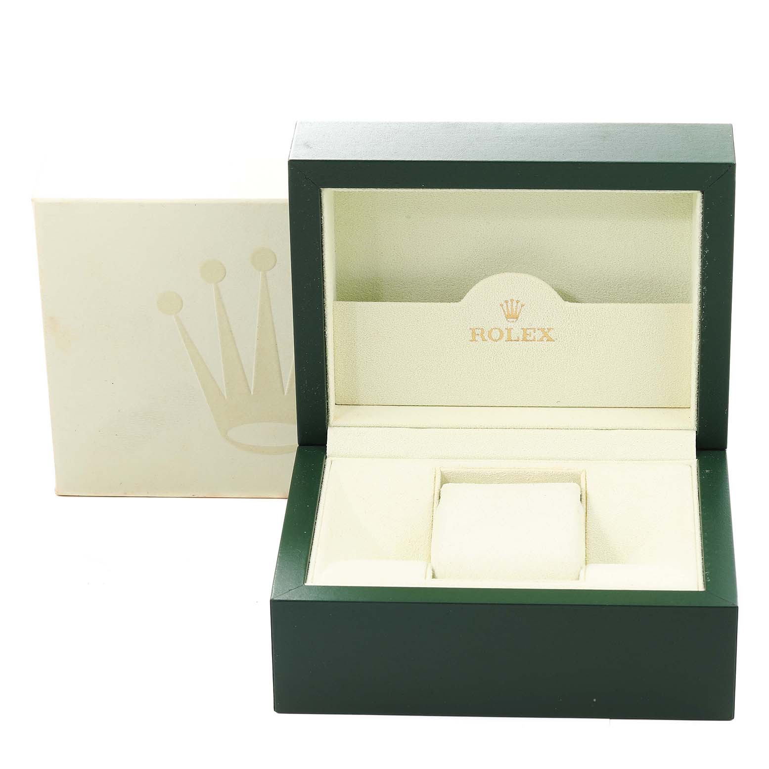 This image shows an open green Rolex box and its outer cover, styled to hold a Datejust model by Rolex.