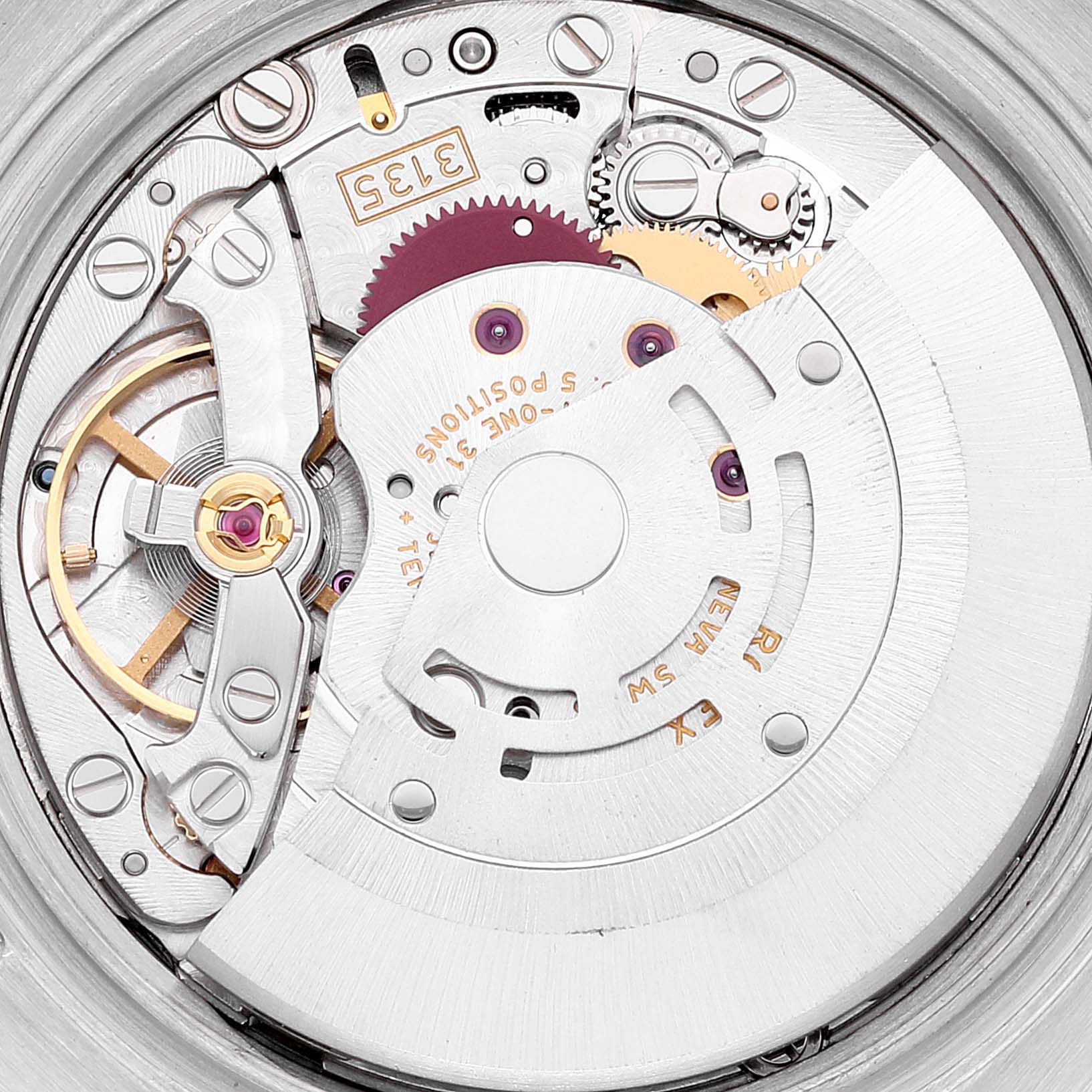 This image shows a close-up view of the movement mechanism inside a Rolex Datejust 116234 Men's Stainless Steel White Dial 116234 Men's Stainless Steel White Dial watch.