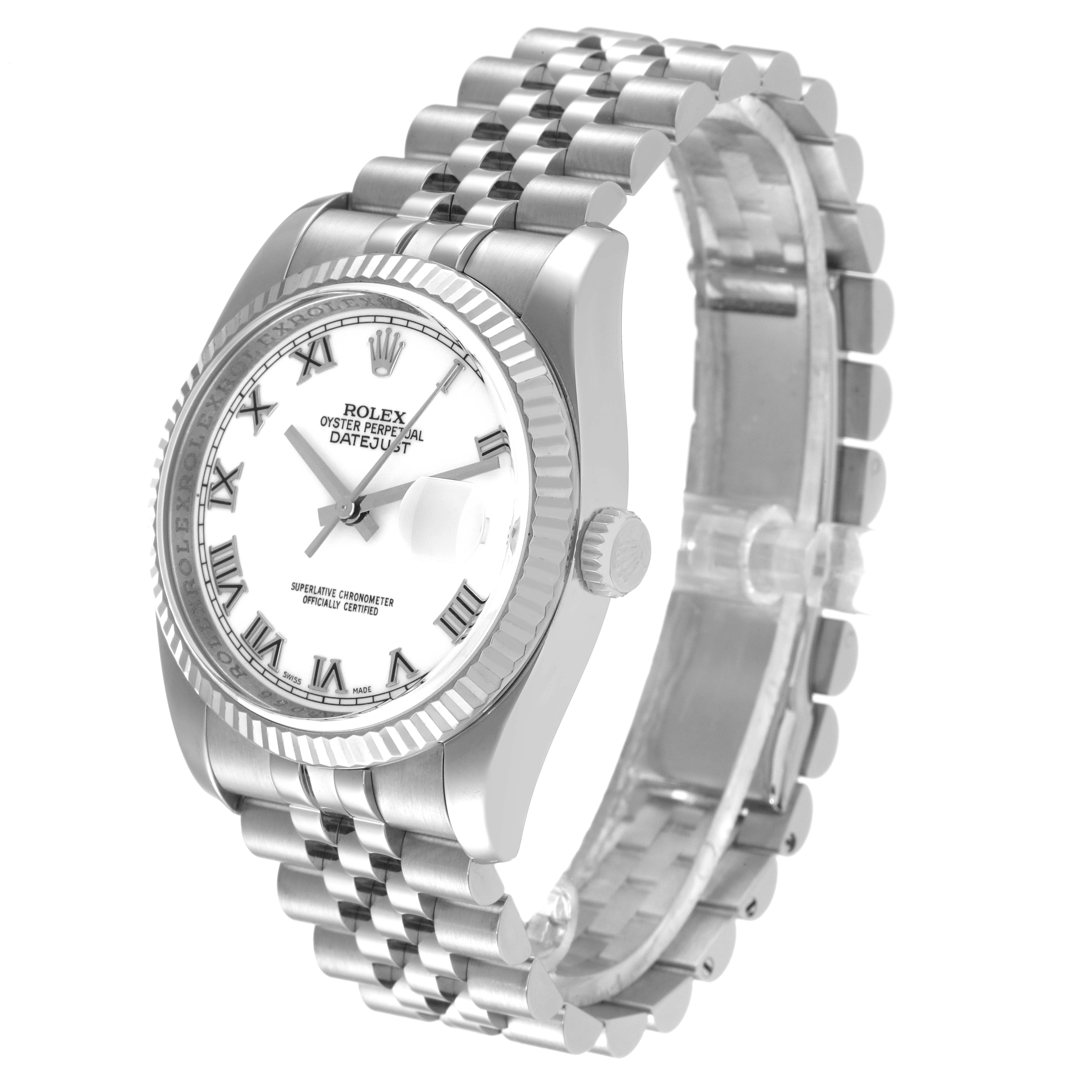 The image shows a Rolex Datejust 116234 Men's Stainless Steel White Dial 116234 Men's Stainless Steel White Dial watch taken from a front three-quarter angle, displaying its face, fluted bezel, and stainless steel bracelet.