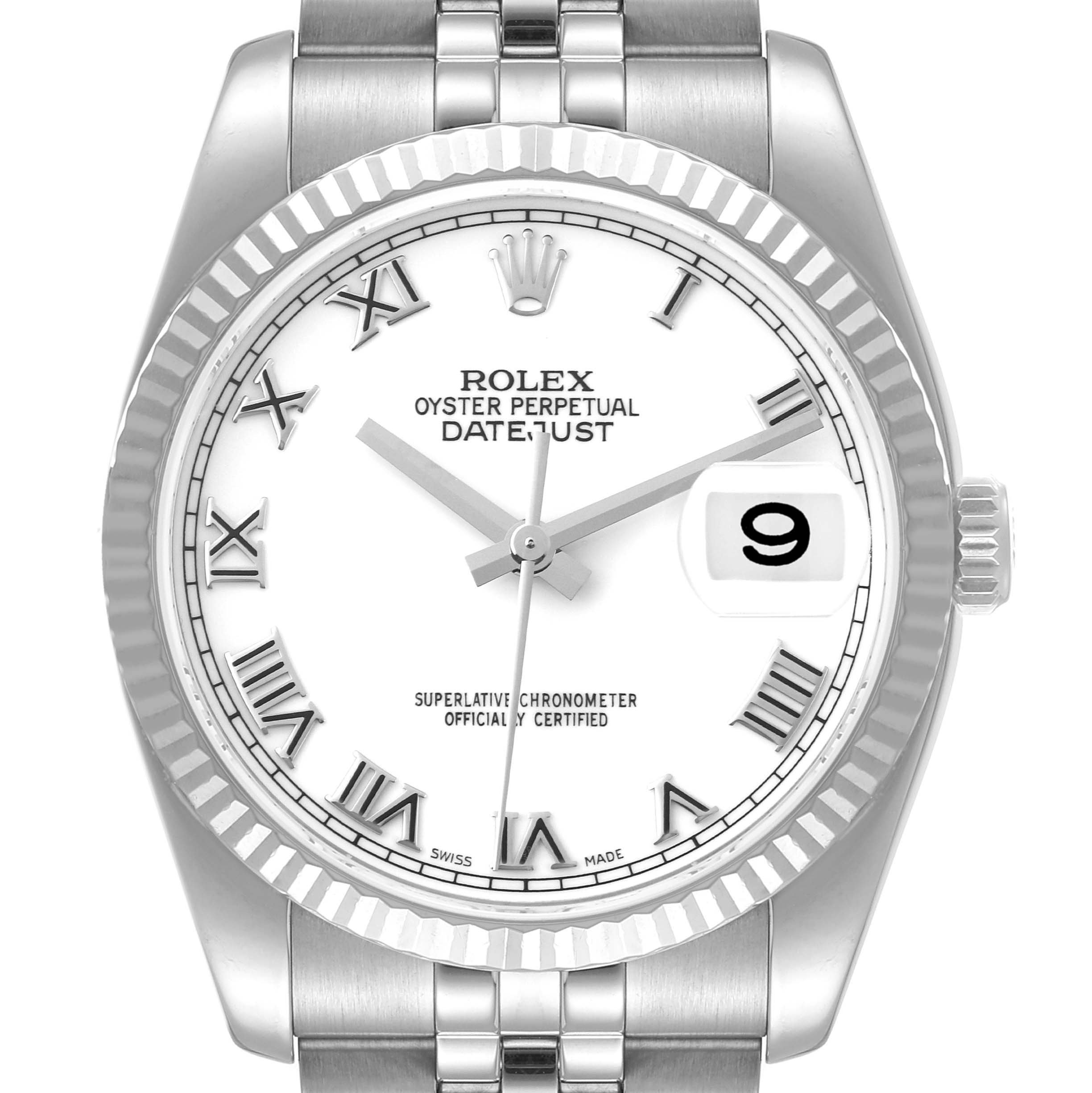 This image shows a frontal view of the Rolex Datejust 116234 Men's Stainless Steel White Dial 116234 Men's Stainless Steel White Dial watch, highlighting its dial, bezel, hands, and bracelet.