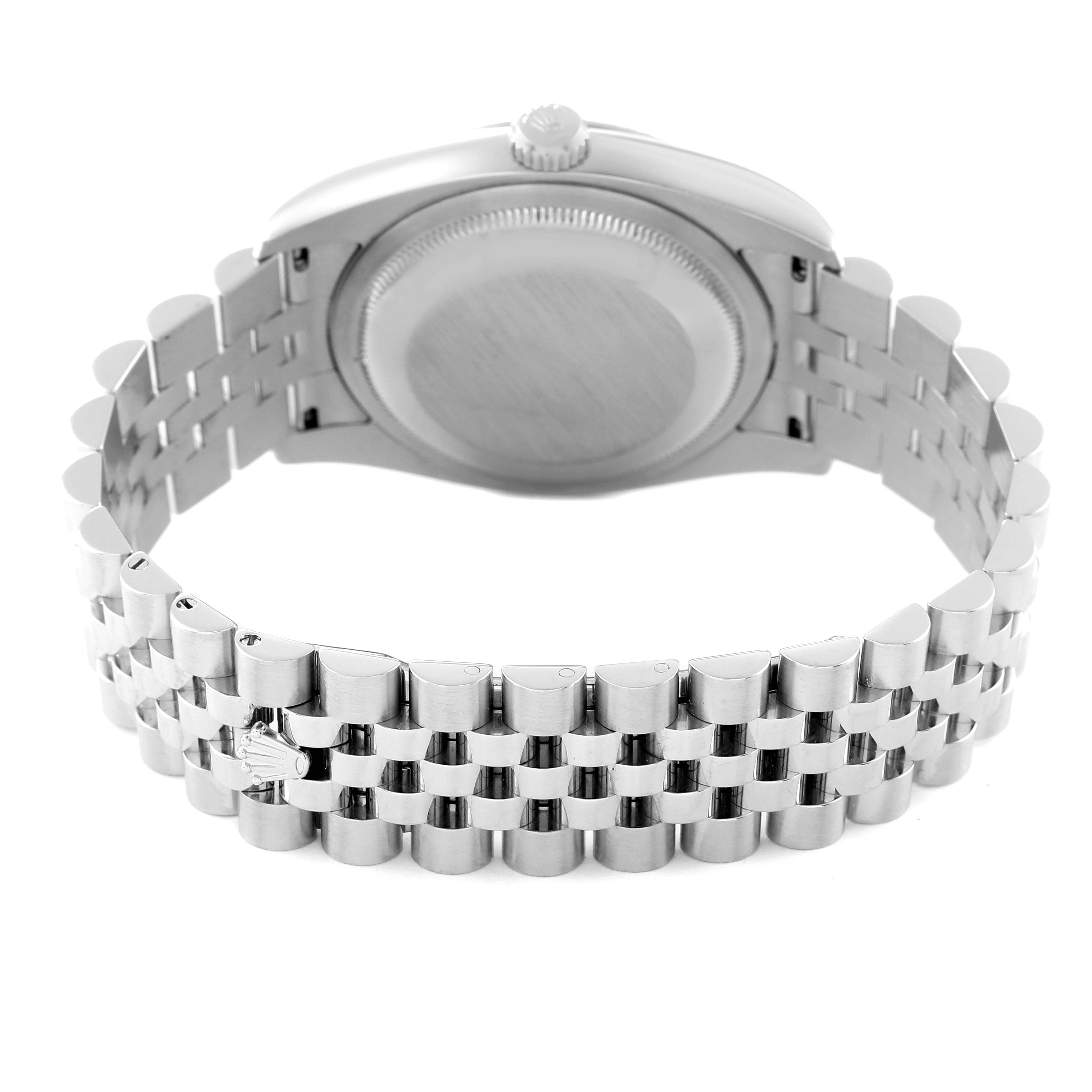 This image shows the back view of a Rolex Datejust 116234 Men's Stainless Steel White Dial 116234 Men's Stainless Steel White Dial watch, highlighting its stainless steel case and Jubilee bracelet with clasp.