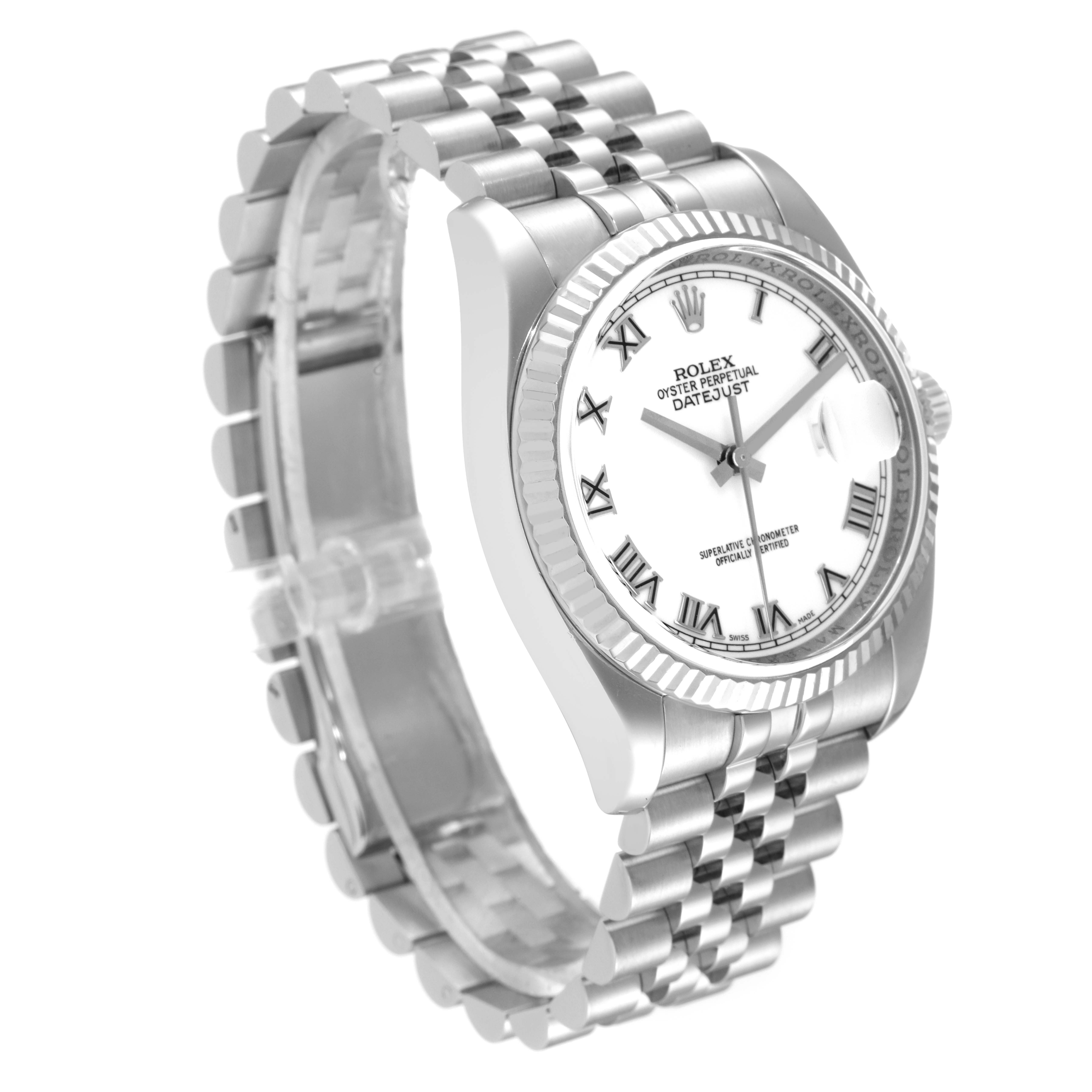 The image shows a Rolex Datejust 116234 Men's Stainless Steel White Dial 116234 Men's Stainless Steel White Dial watch angled to display the face, bezel, and bracelet.