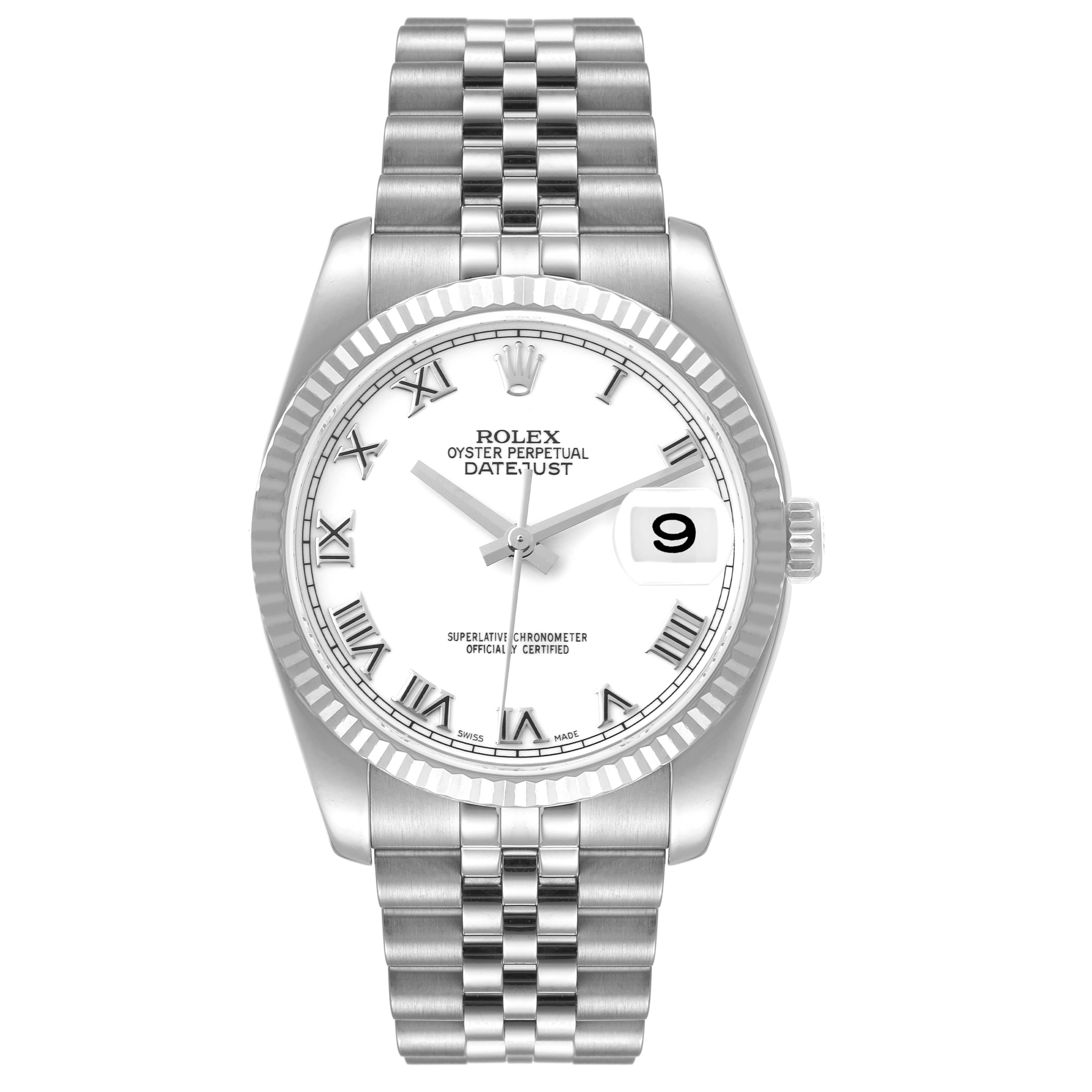 The image shows a front view of a Rolex Datejust 116234 Men's Stainless Steel White Dial 116234 Men's Stainless Steel White Dial watch with a white dial, Roman numerals, and a silver Jubilee bracelet.
