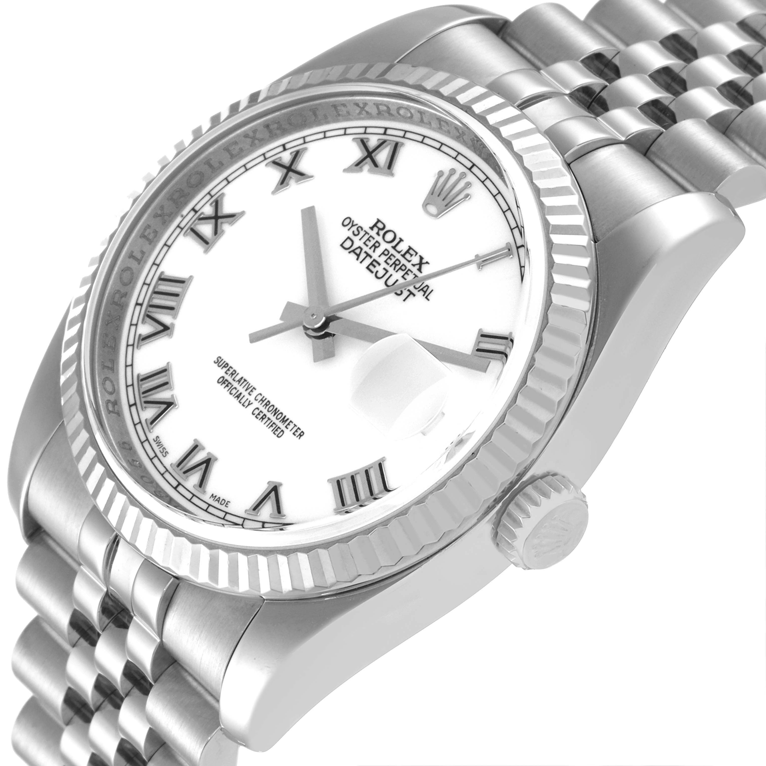 The image shows a close-up of the Rolex Datejust 116234 Men's Stainless Steel White Dial 116234 Men's Stainless Steel White Dial watch, highlighting its white dial, Roman numerals, fluted bezel, and Jubilee bracelet.