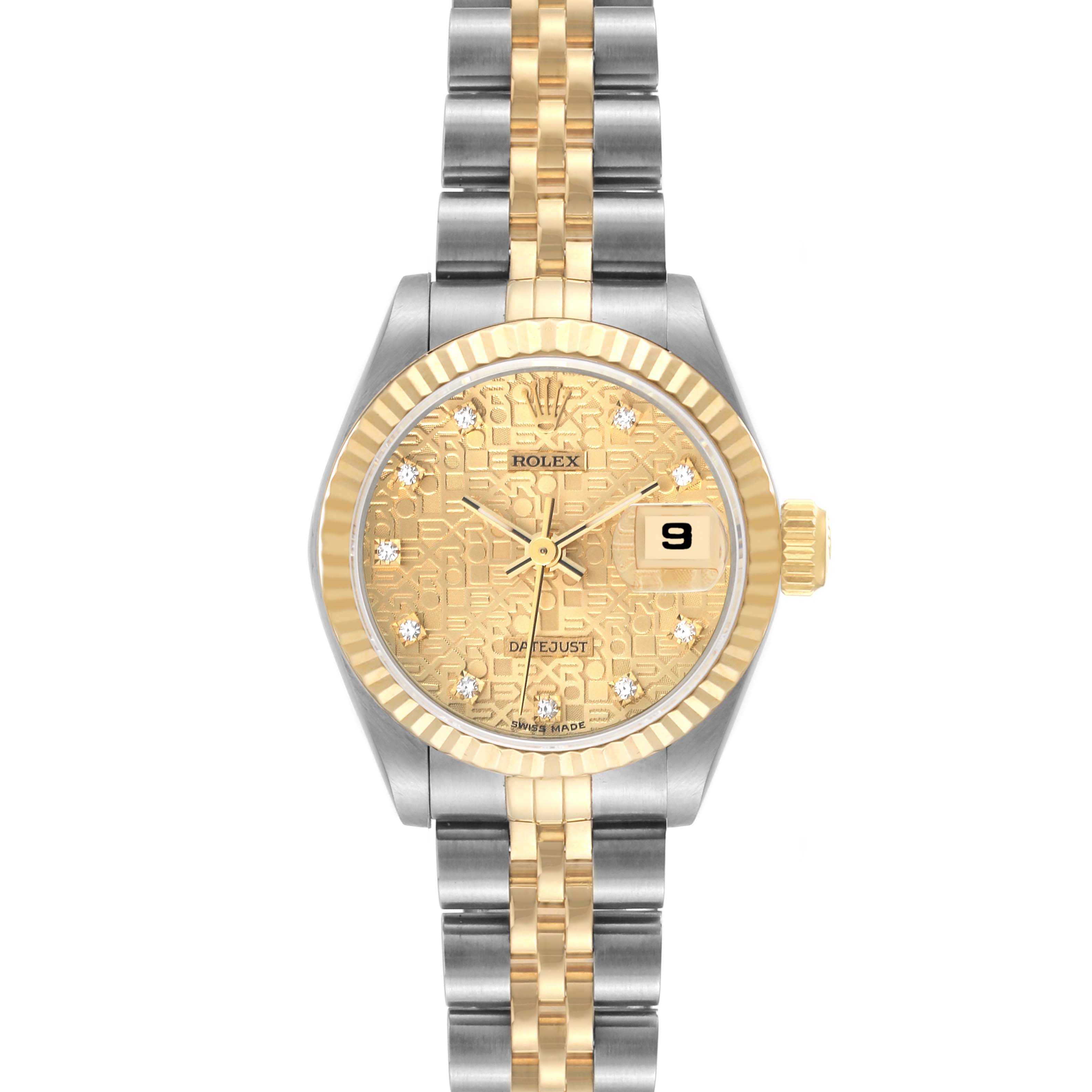 This image shows a front-facing Rolex Datejust 69173 Women's Steel and Gold (two tone) Champagne Dial 69173 Women's Steel and Gold (two tone) Champagne Dial watch with a gold and silver bracelet, a gold dial, and a date display.