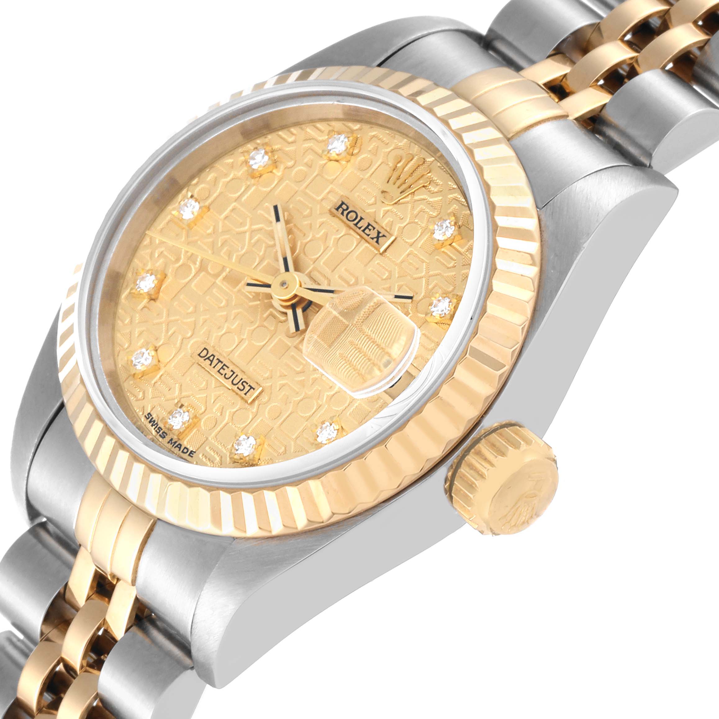 This angled view shows the face, crown, and part of the bracelet of the Rolex Datejust 69173 Women's Steel and Gold (two tone) Champagne Dial 69173 Women's Steel and Gold (two tone) Champagne Dial watch.