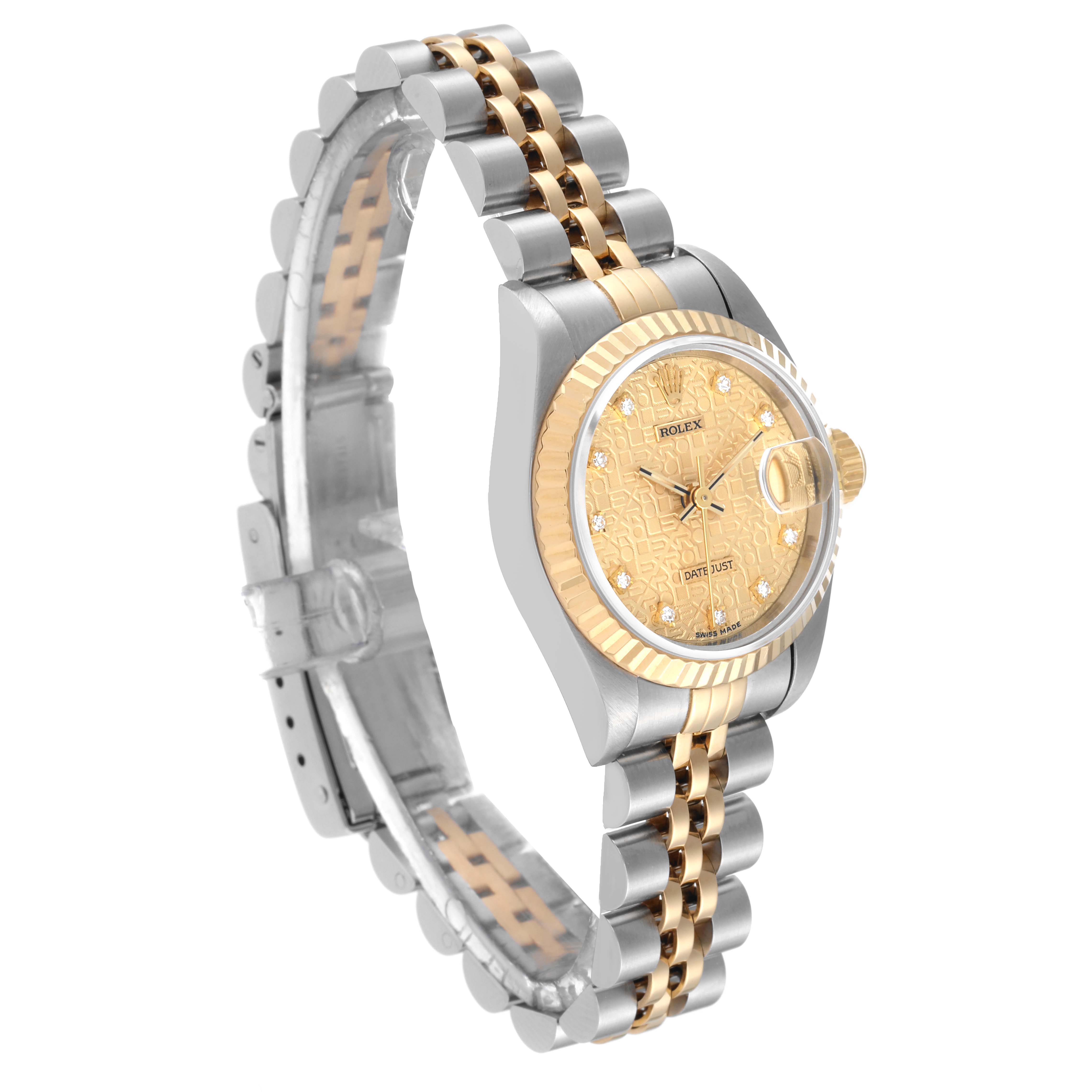 This Rolex Datejust 69173 Women's Steel and Gold (two tone) Champagne Dial 69173 Women's Steel and Gold (two tone) Champagne Dial watch is shown at a three-quarter angle, displaying its face, bracelet, and crown.