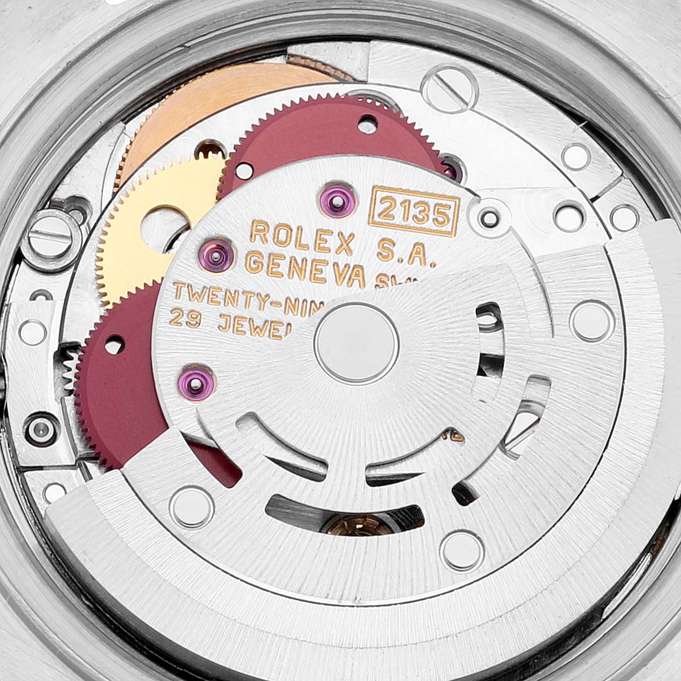 This image shows a close-up of the movement mechanism in a Rolex Datejust 69173 Women's Steel and Gold (two tone) Champagne Dial 69173 Women's Steel and Gold (two tone) Champagne Dial watch.