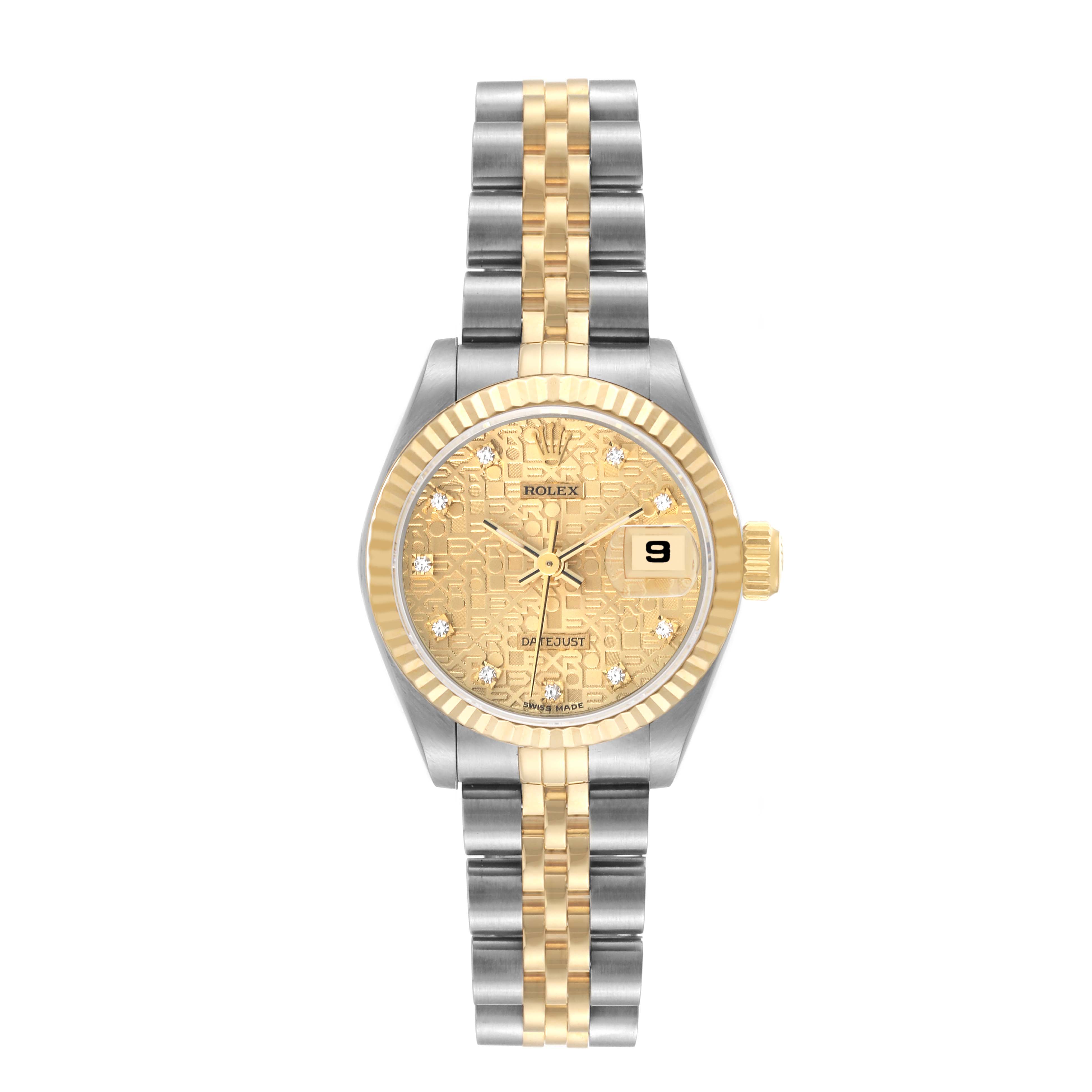 This image shows a front view of a Rolex Datejust 69173 Women's Steel and Gold (two tone) Champagne Dial 69173 Women's Steel and Gold (two tone) Champagne Dial watch with a gold and silver bracelet and a gold dial.