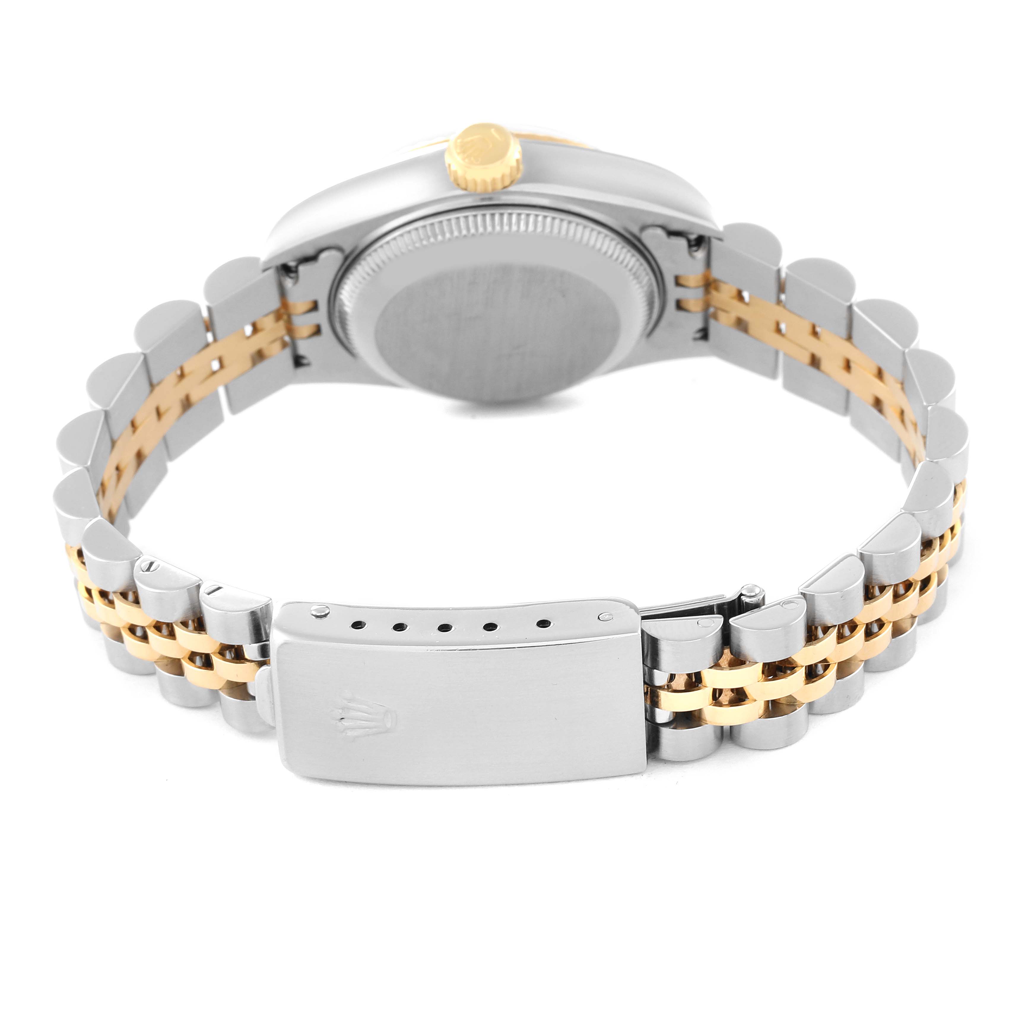 The image shows the back view of a Rolex Datejust 69173 Women's Steel and Gold (two tone) Champagne Dial 69173 Women's Steel and Gold (two tone) Champagne Dial watch, highlighting the clasp, bracelet, and case back.