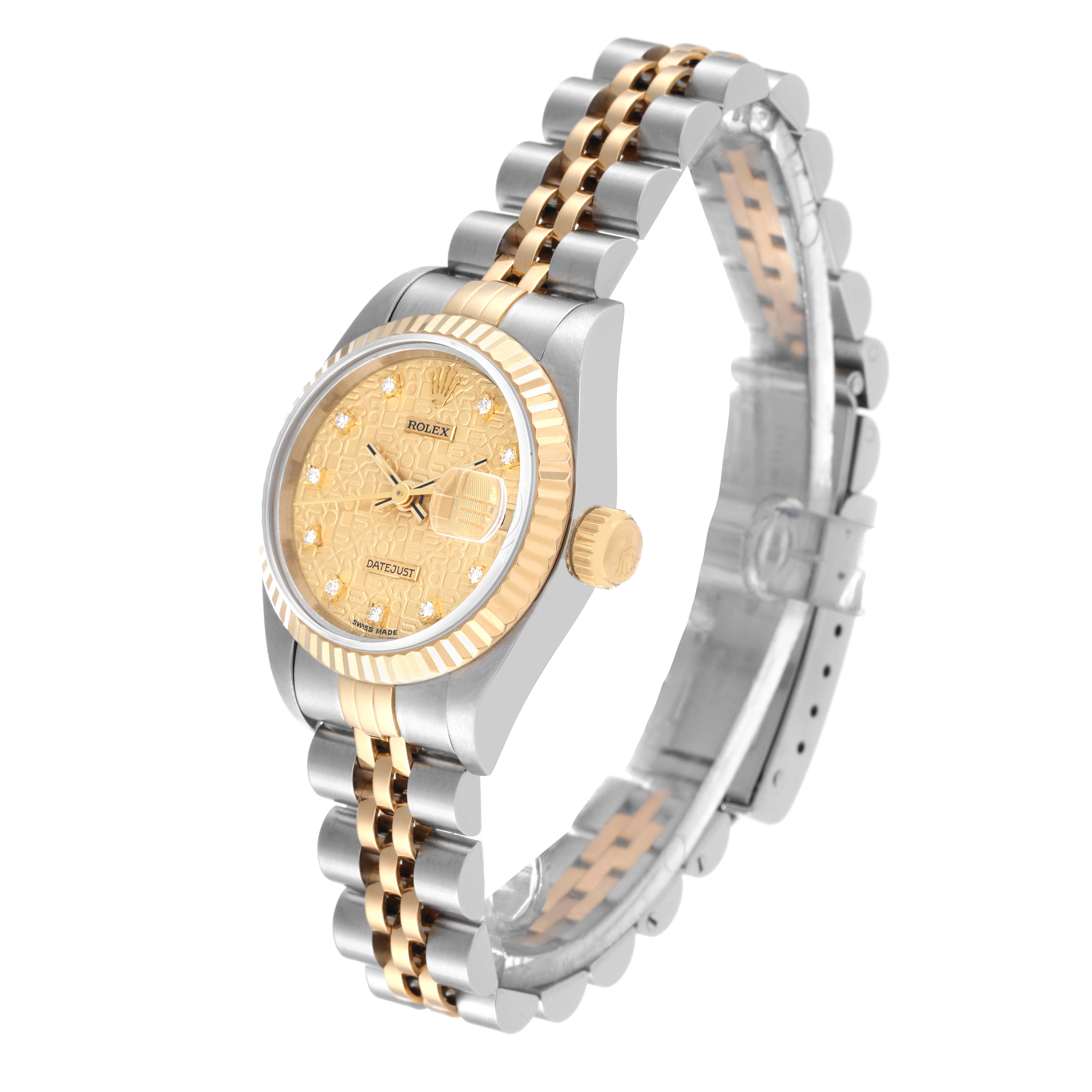 The image shows a Rolex Datejust 69173 Women's Steel and Gold (two tone) Champagne Dial 69173 Women's Steel and Gold (two tone) Champagne Dial watch at an angled side view, highlighting the dial, bezel, crown, and bracelet.