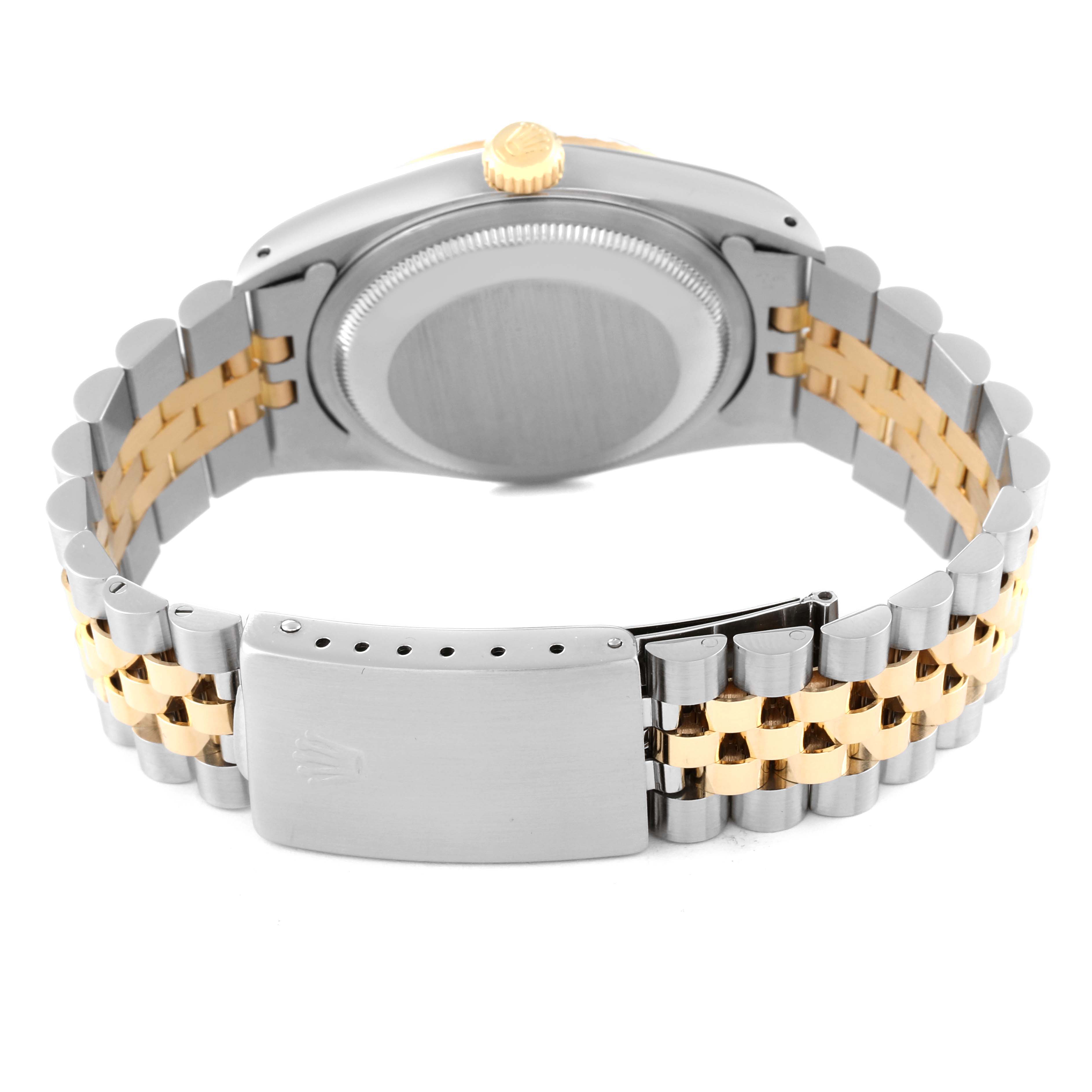 The image shows the back of the Rolex Datejust 16233 Men's Steel and Gold (two tone) Black Dial 16233 Men's Steel and Gold (two tone) Black Dial watch, highlighting its two-tone metal bracelet and clasp.