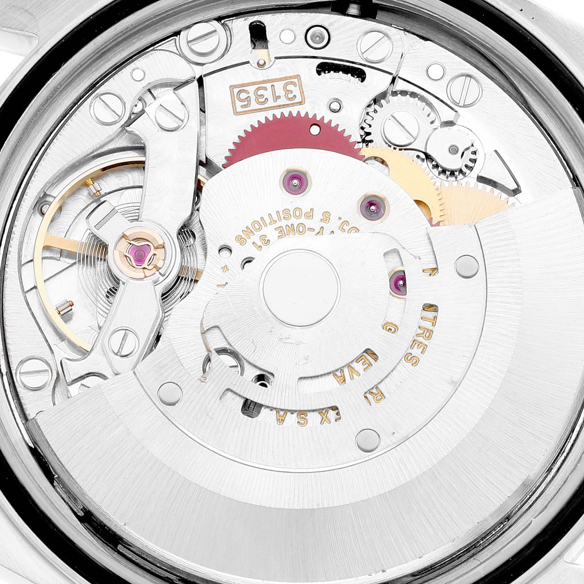 This image shows the internal mechanism of the Rolex Datejust 16233 Men's Steel and Gold (two tone) Black Dial 16233 Men's Steel and Gold (two tone) Black Dial watch viewed from the back.