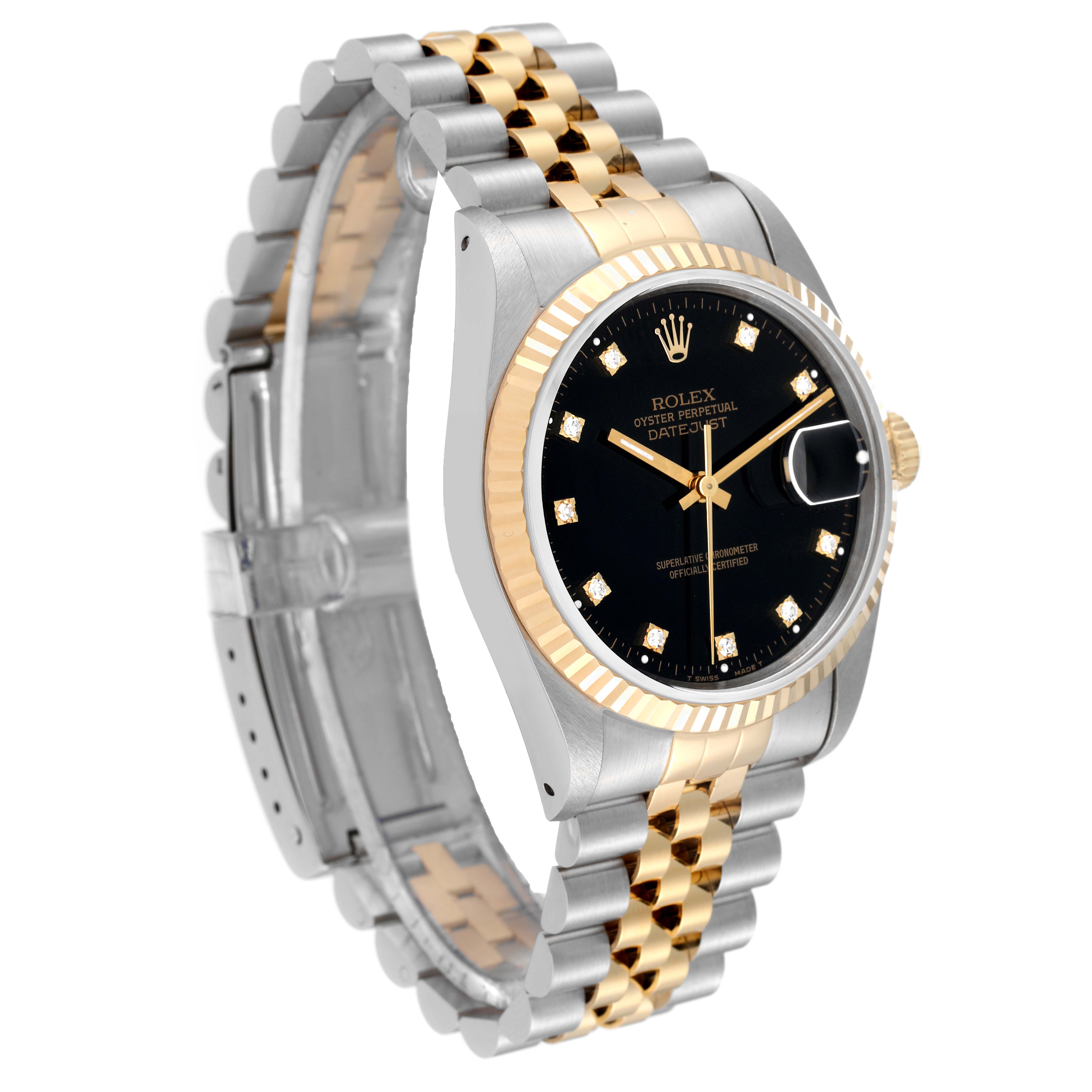 The image shows a Rolex Datejust 16233 Men's Steel and Gold (two tone) Black Dial 16233 Men's Steel and Gold (two tone) Black Dial watch at a three-quarter angle, highlighting the two-tone bracelet and black dial.