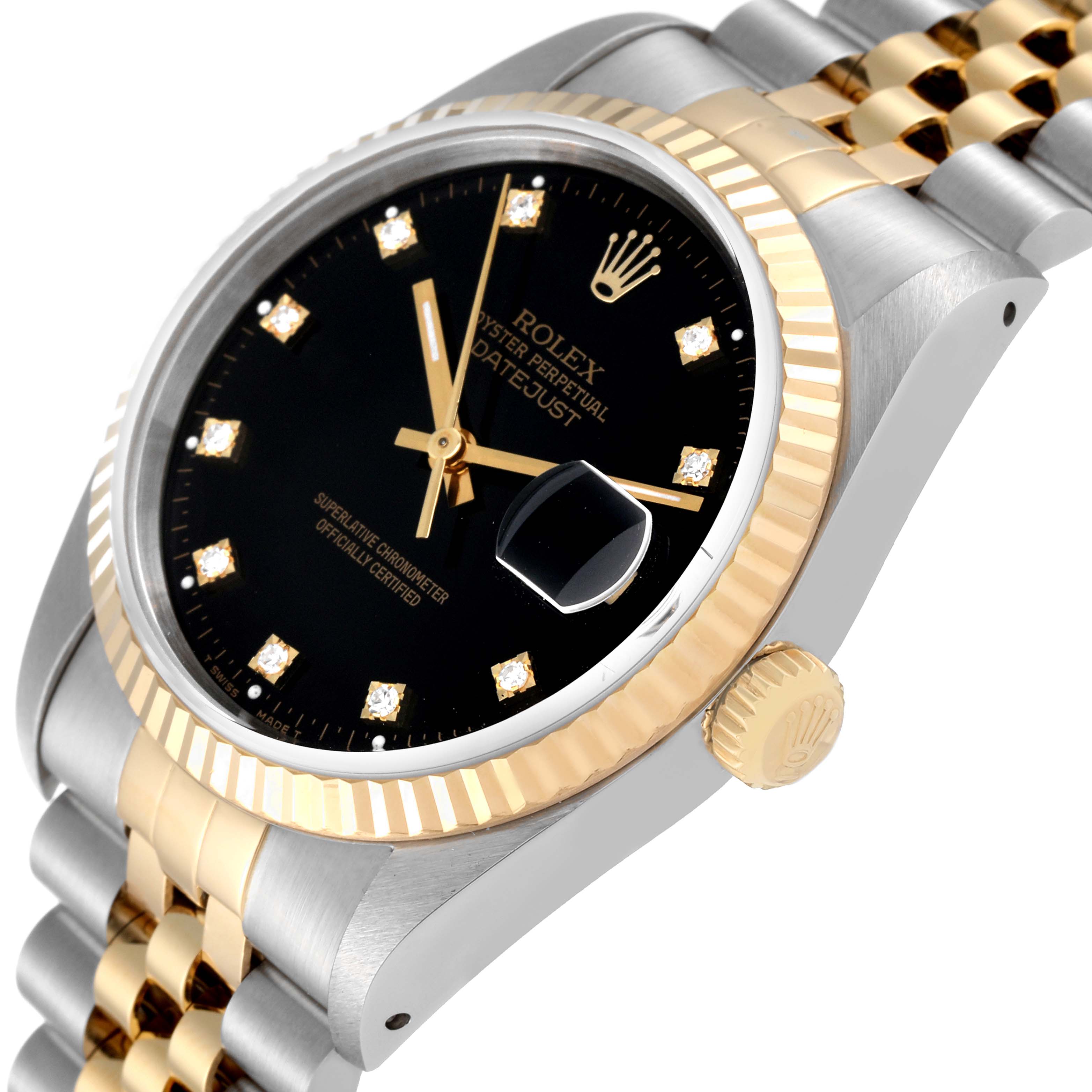 The image shows a Rolex Datejust 16233 Men's Steel and Gold (two tone) Black Dial 16233 Men's Steel and Gold (two tone) Black Dial watch viewed from an angled side, highlighting the bezel, dial, and bracelet.