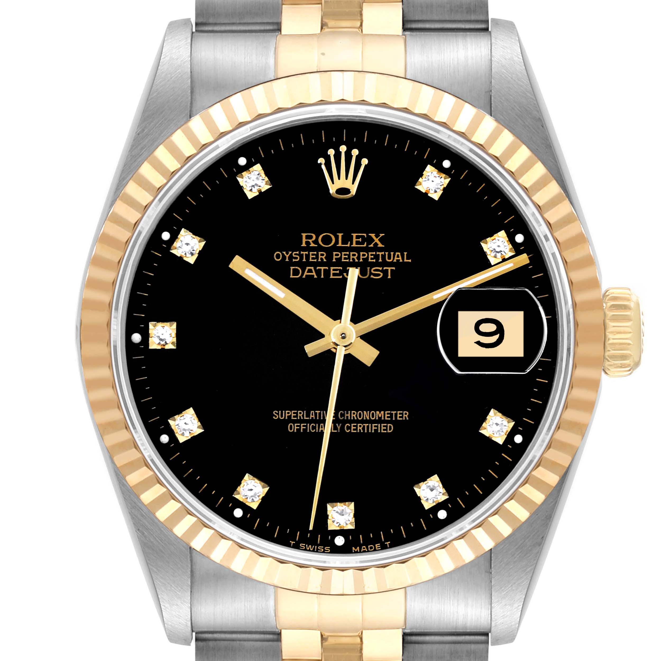 This is a close-up front view of a Rolex Datejust 16233 Men's Steel and Gold (two tone) Black Dial 16233 Men's Steel and Gold (two tone) Black Dial watch showing the dial, bezel, hands, date window, and part of the bracelet.