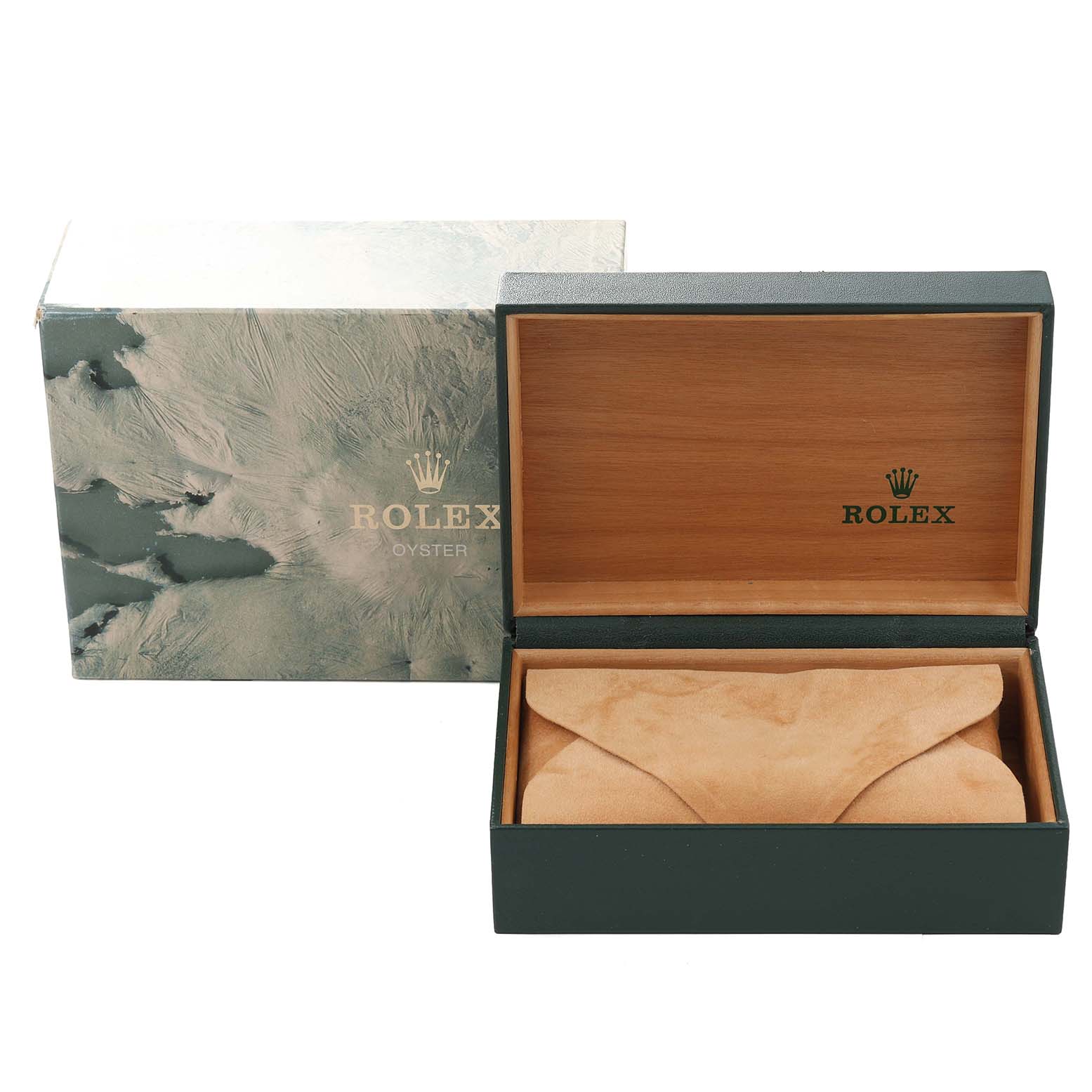 The image shows an open Rolex Datejust 16233 Men's Steel and Gold (two tone) Black Dial 16233 Men's Steel and Gold (two tone) Black Dial watch box and packaging from a front angle.