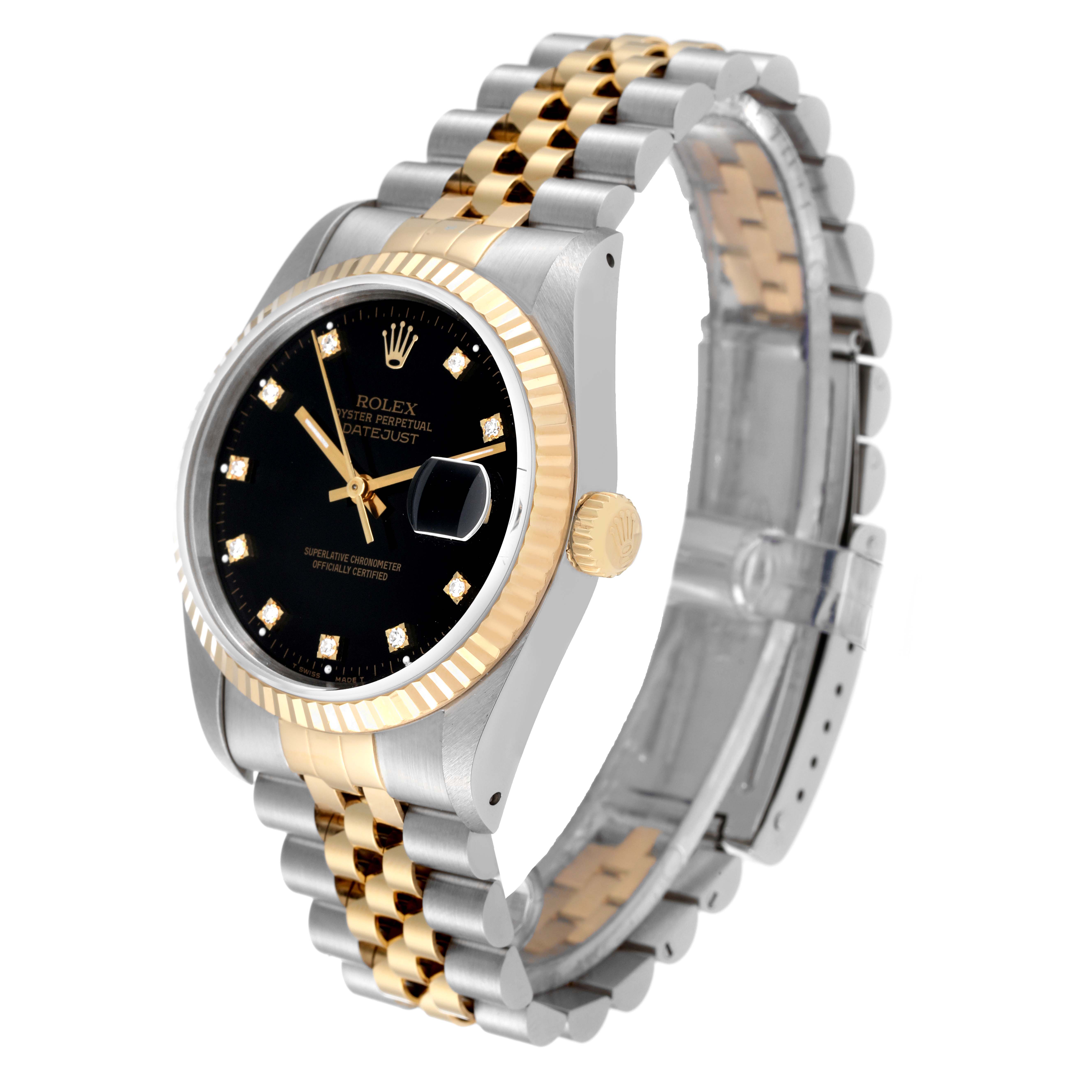 The image shows a Rolex Datejust 16233 Men's Steel and Gold (two tone) Black Dial 16233 Men's Steel and Gold (two tone) Black Dial watch from a front angle, highlighting the dial, bezel, and part of the two-tone bracelet.