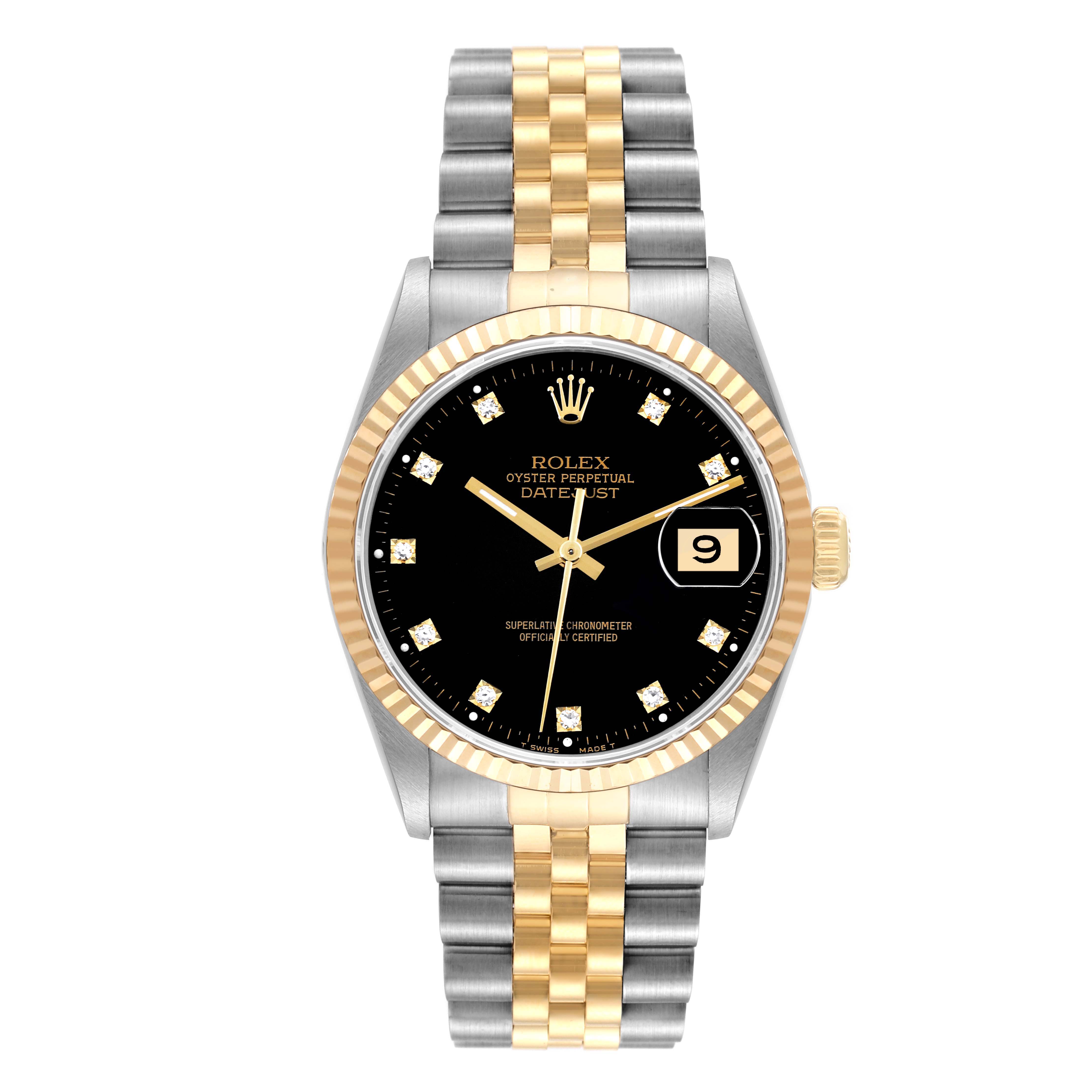 The image shows a Rolex Datejust 16233 Men's Steel and Gold (two tone) Black Dial 16233 Men's Steel and Gold (two tone) Black Dial watch from a front angle, highlighting its dial, bezel, and two-tone bracelet.