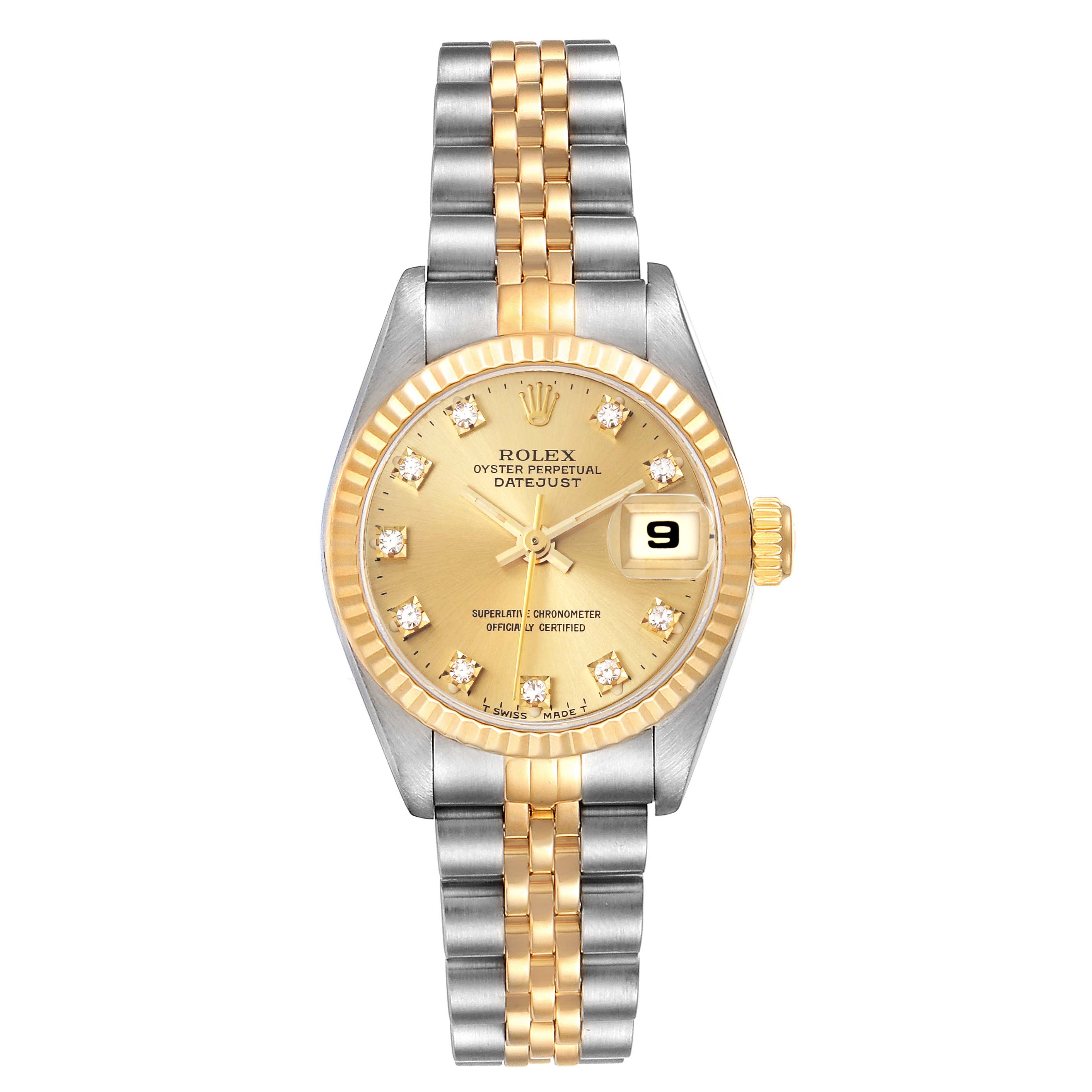 The Rolex Datejust 69173 Women
s Steel and Gold (two tone) Champagne Dial 69173 Women
s Steel and Gold (two tone) Champagne Dial watch is shown from a top view, highlighting the gold dial, jubilee bracelet, and fluted bezel.