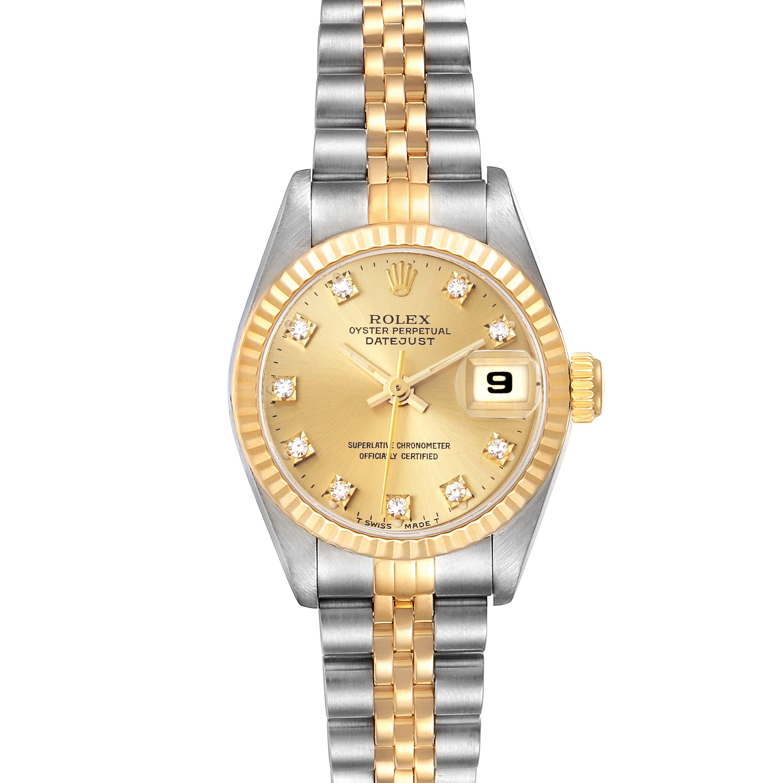 The Rolex Datejust 69173 Women
s Steel and Gold (two tone) Champagne Dial 69173 Women
s Steel and Gold (two tone) Champagne Dial watch is shown from the front, displaying its face, dial, bezel, and jubilee bracelet.