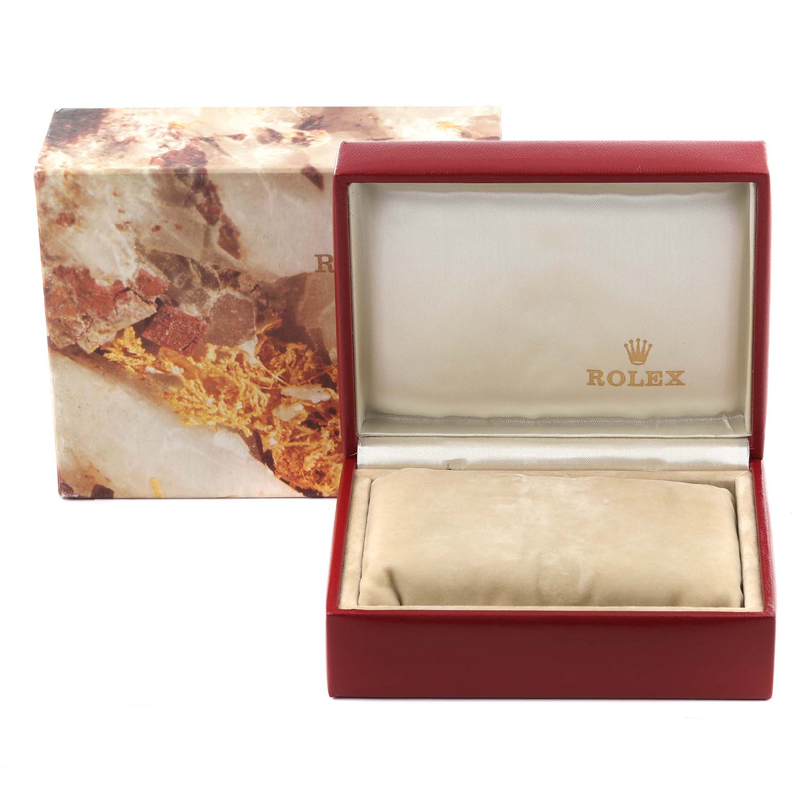 The image shows the open packaging box for a Rolex Datejust 69173 Women
s Steel and Gold (two tone) Champagne Dial 69173 Women
s Steel and Gold (two tone) Champagne Dial watch, featuring a cushion and branded interior.
