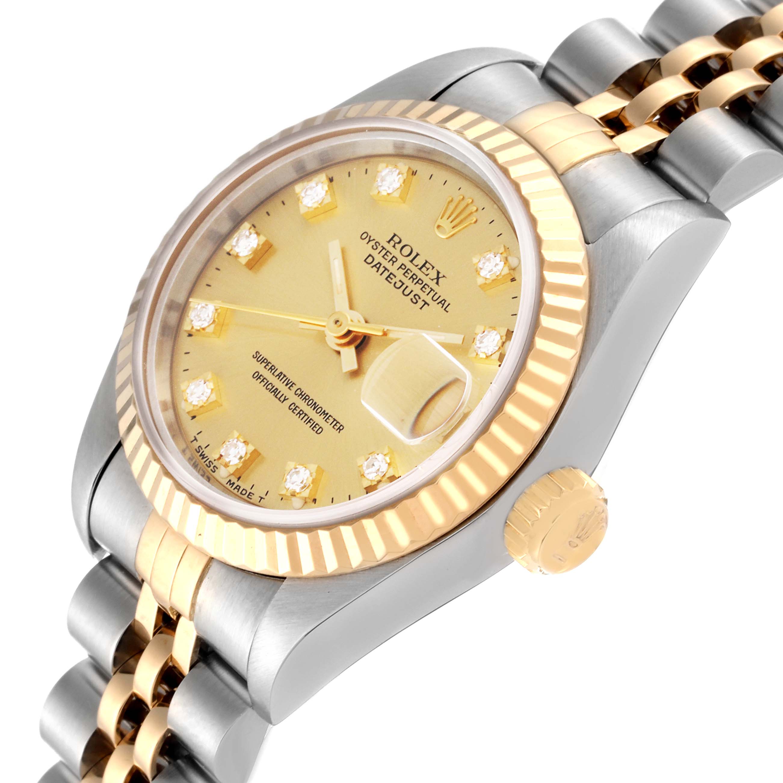 The Rolex Datejust 69173 Women
s Steel and Gold (two tone) Champagne Dial 69173 Women
s Steel and Gold (two tone) Champagne Dial watch is shown at an angled view, featuring the face, fluted bezel, crown, and Jubilee bracelet.